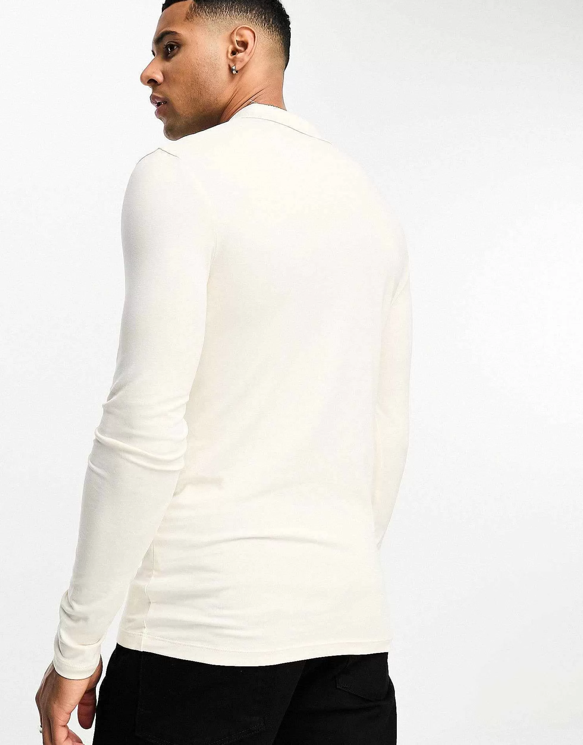 Men DESIGN Long Sleeve Muscle Fit Polo In Cream
