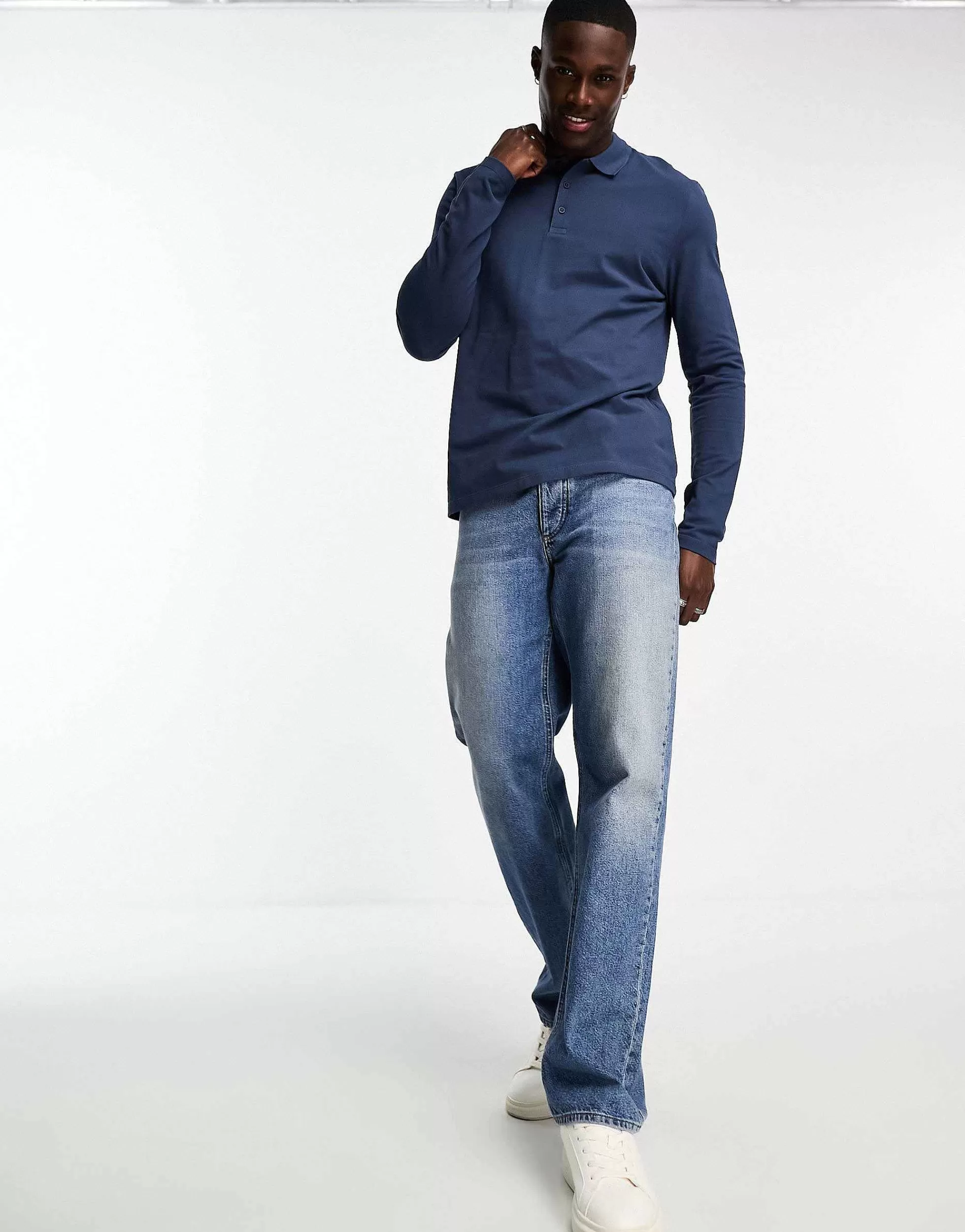 Men DESIGN Long Sleeve Pique Polo In Navy