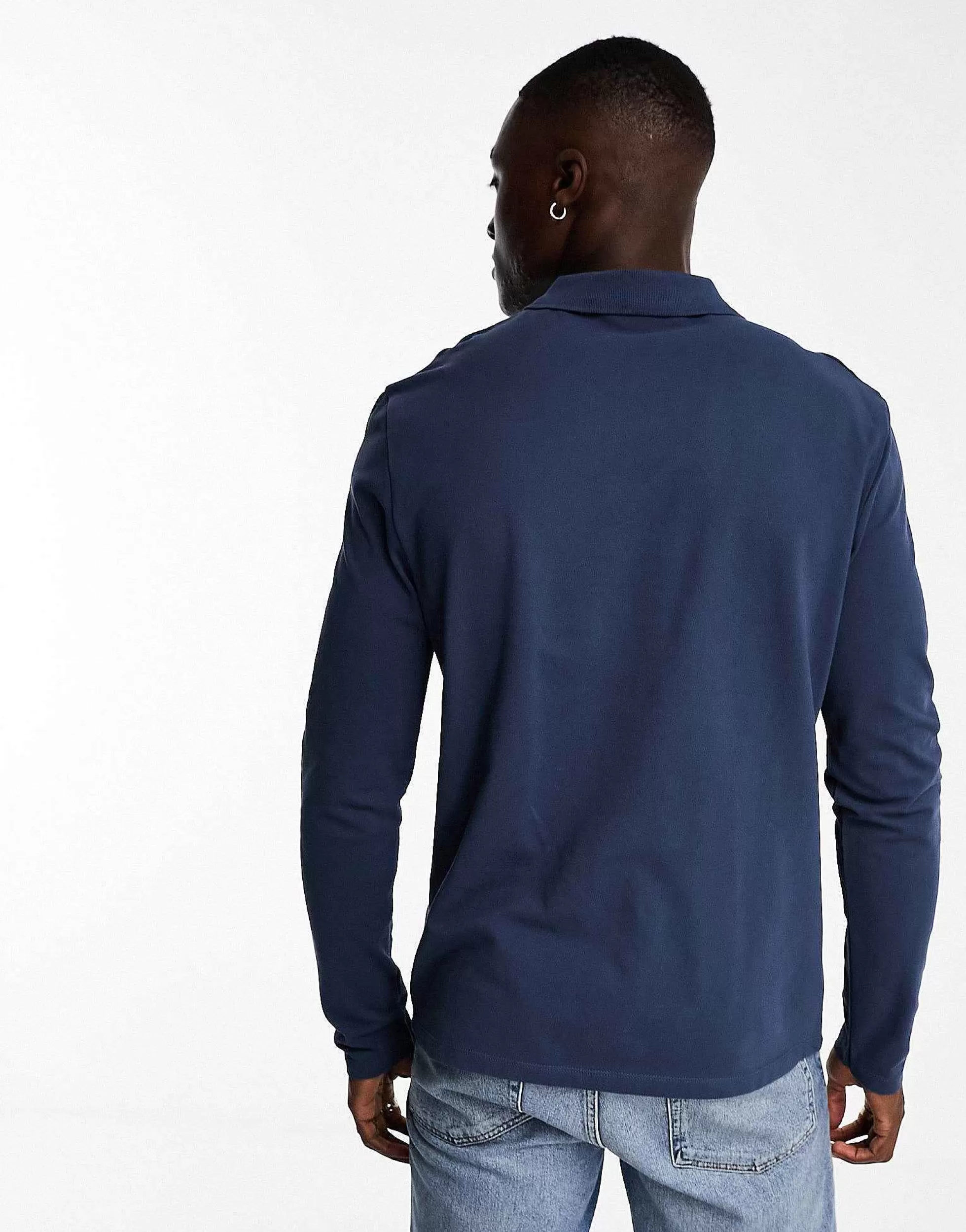 Men DESIGN Long Sleeve Pique Polo In Navy