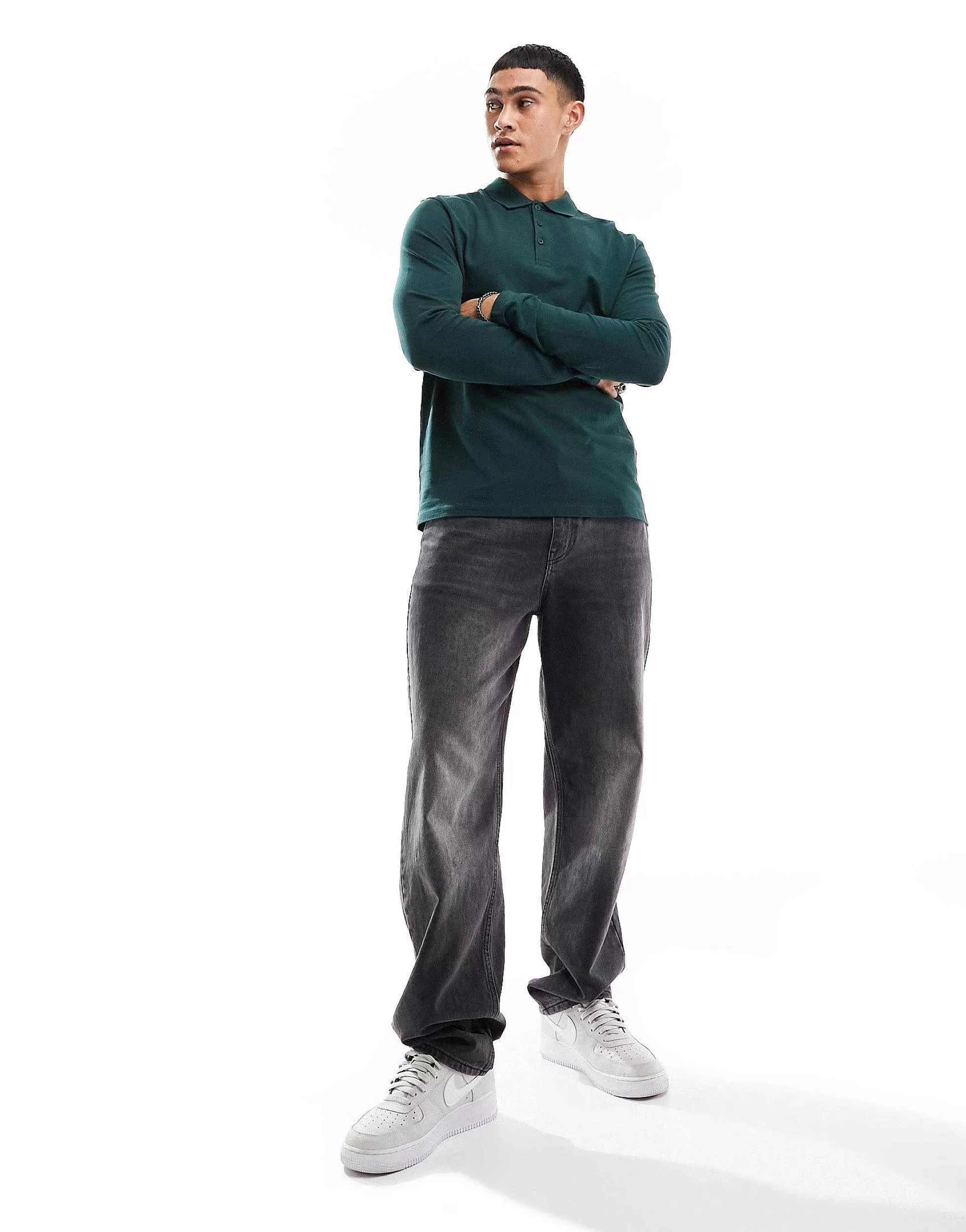 Men DESIGN Long Sleeve Smart Pique Polo In Green