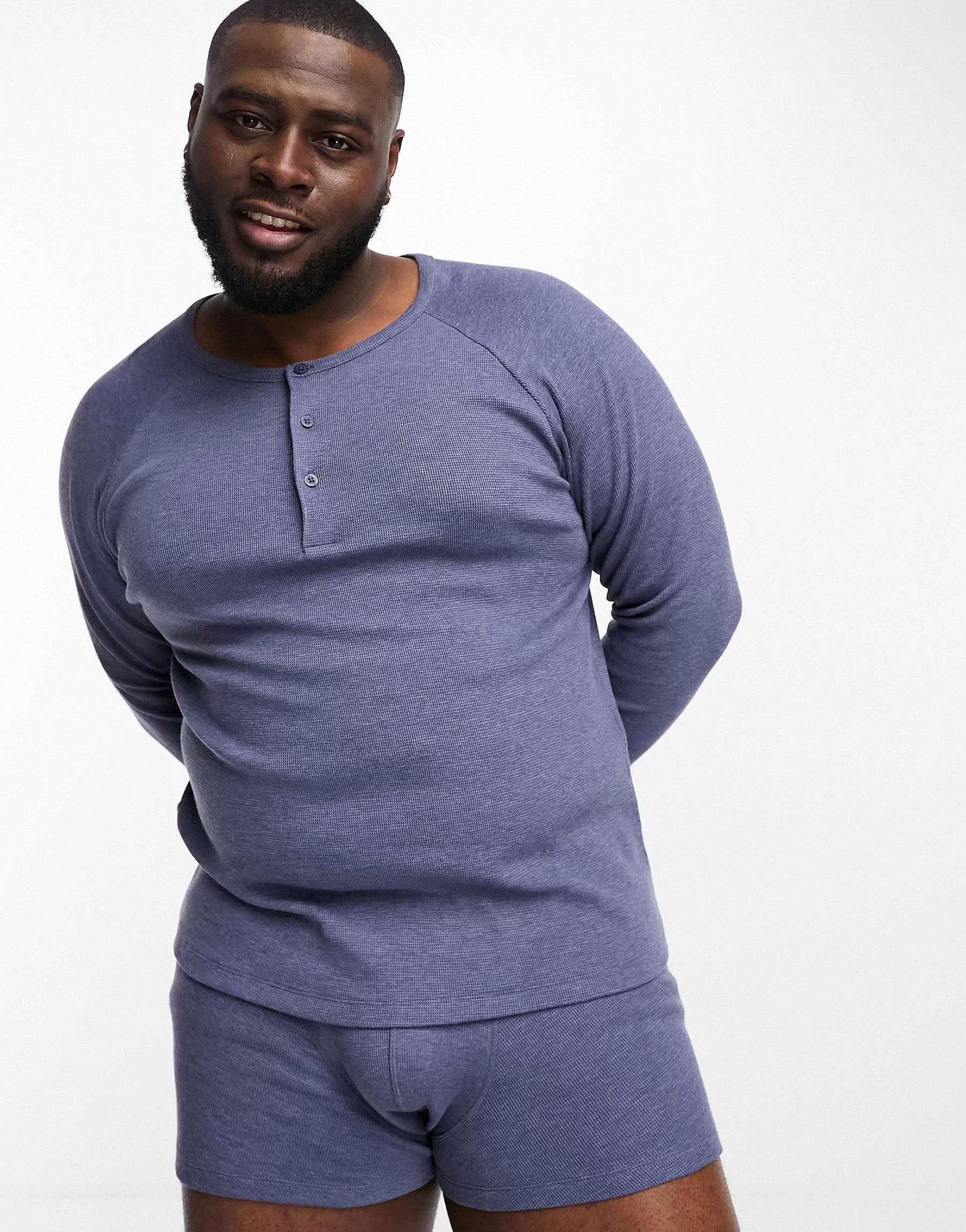 Men DESIGN Loungewear Set With Long Sleeve Top And Trunks In Waffle