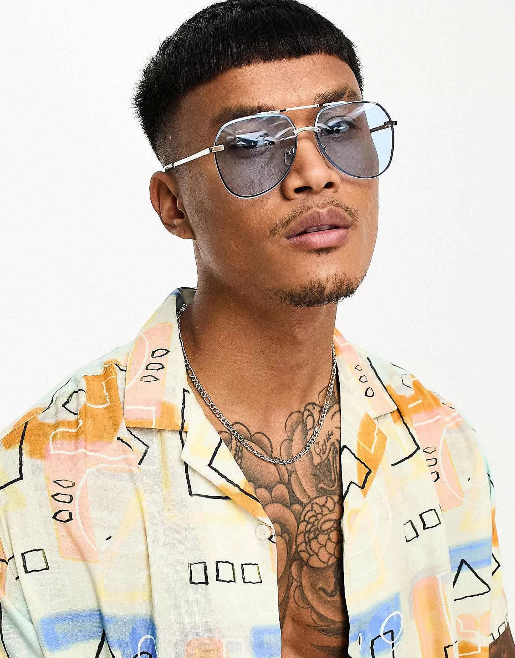 Men DESIGN Metal Aviator Sunglasses With Laid On Blue Lens In