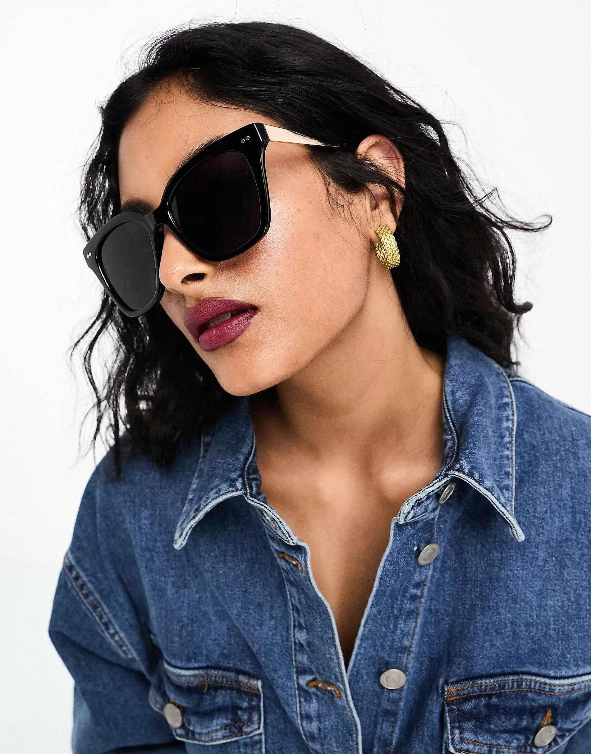 Women DESIGN Metal Temple Cat Eye Sunglasses In