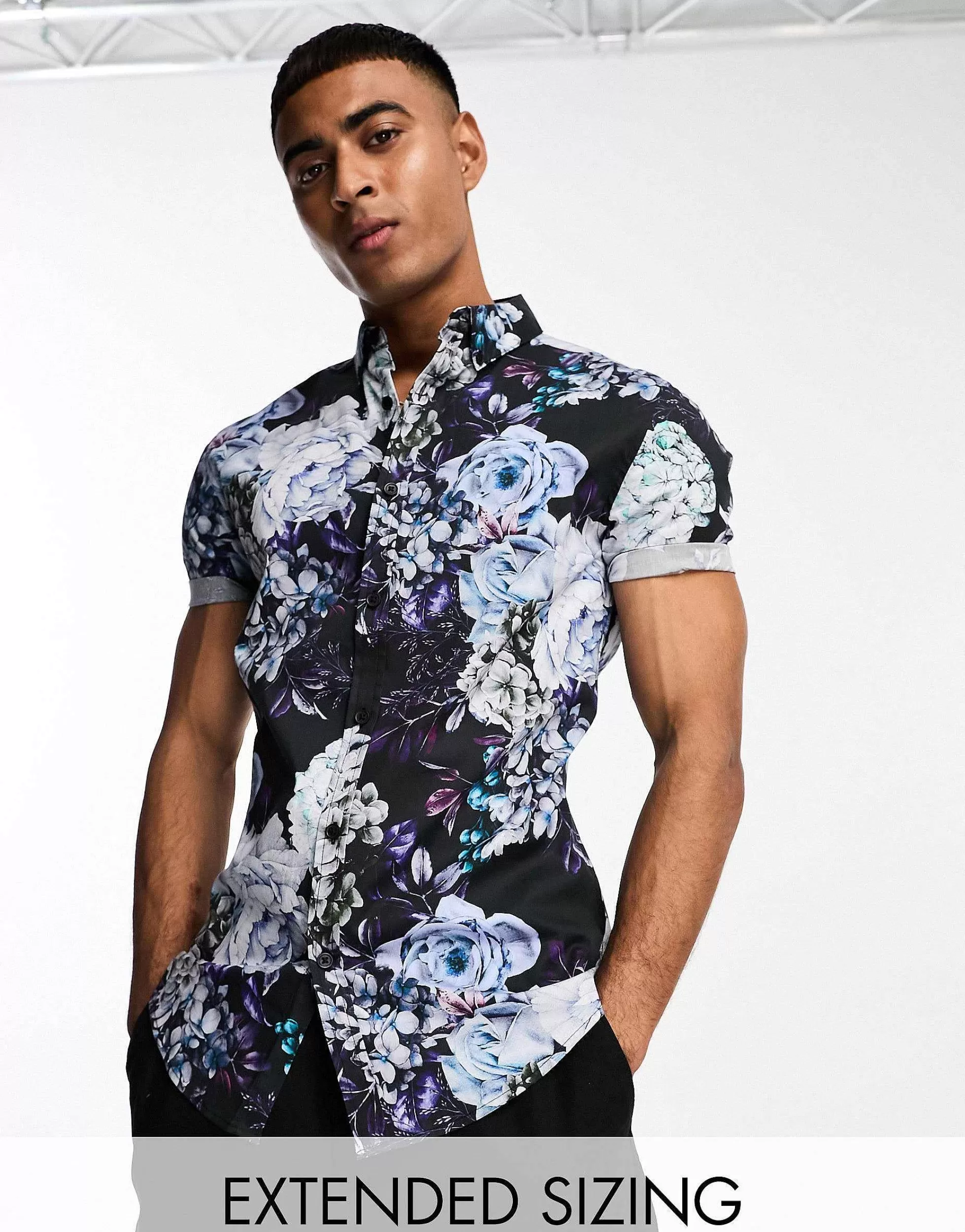 Men DESIGN 'Michael' Stretch Skinny Shirt In And Purple Floral Print