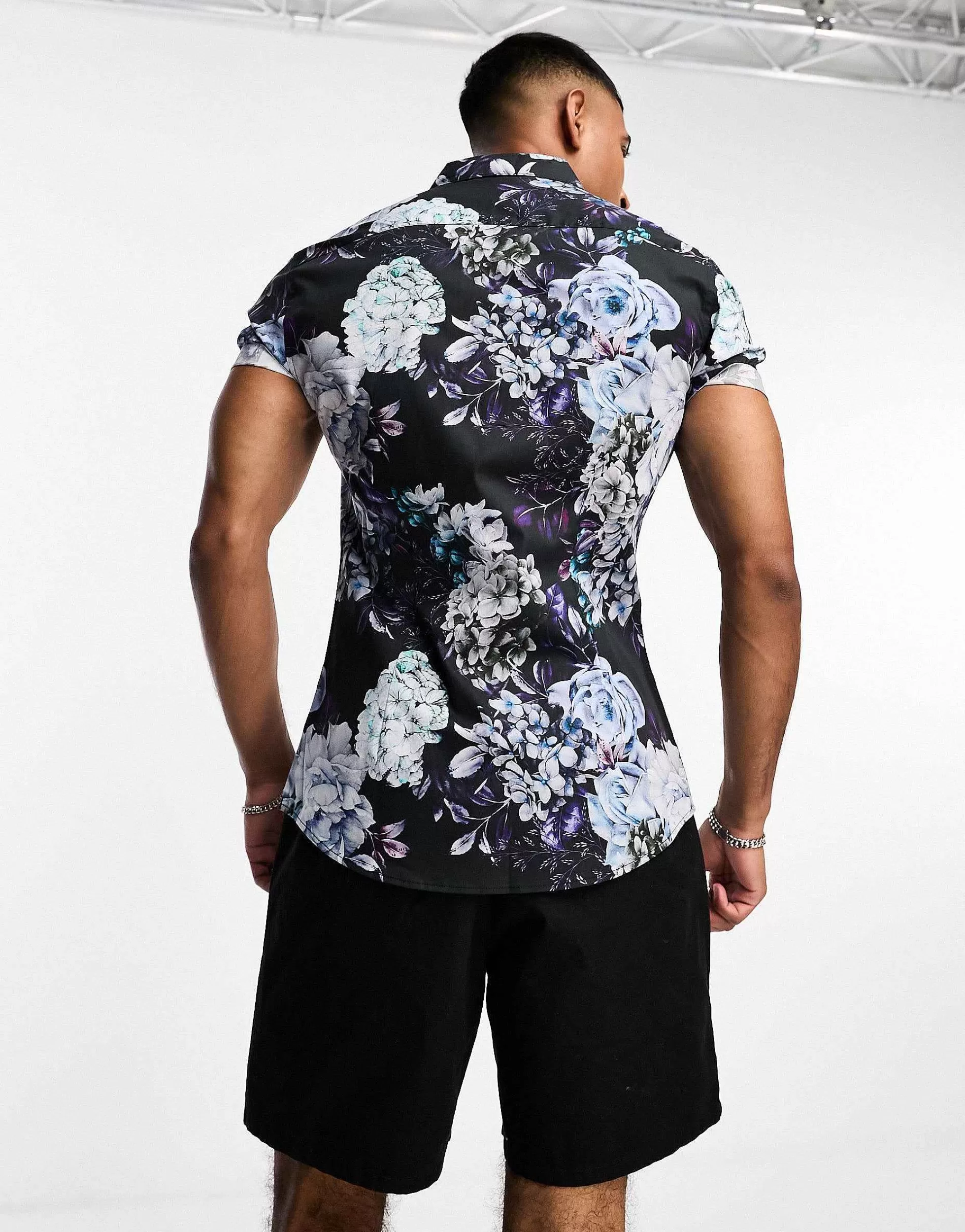 Men DESIGN 'Michael' Stretch Skinny Shirt In And Purple Floral Print