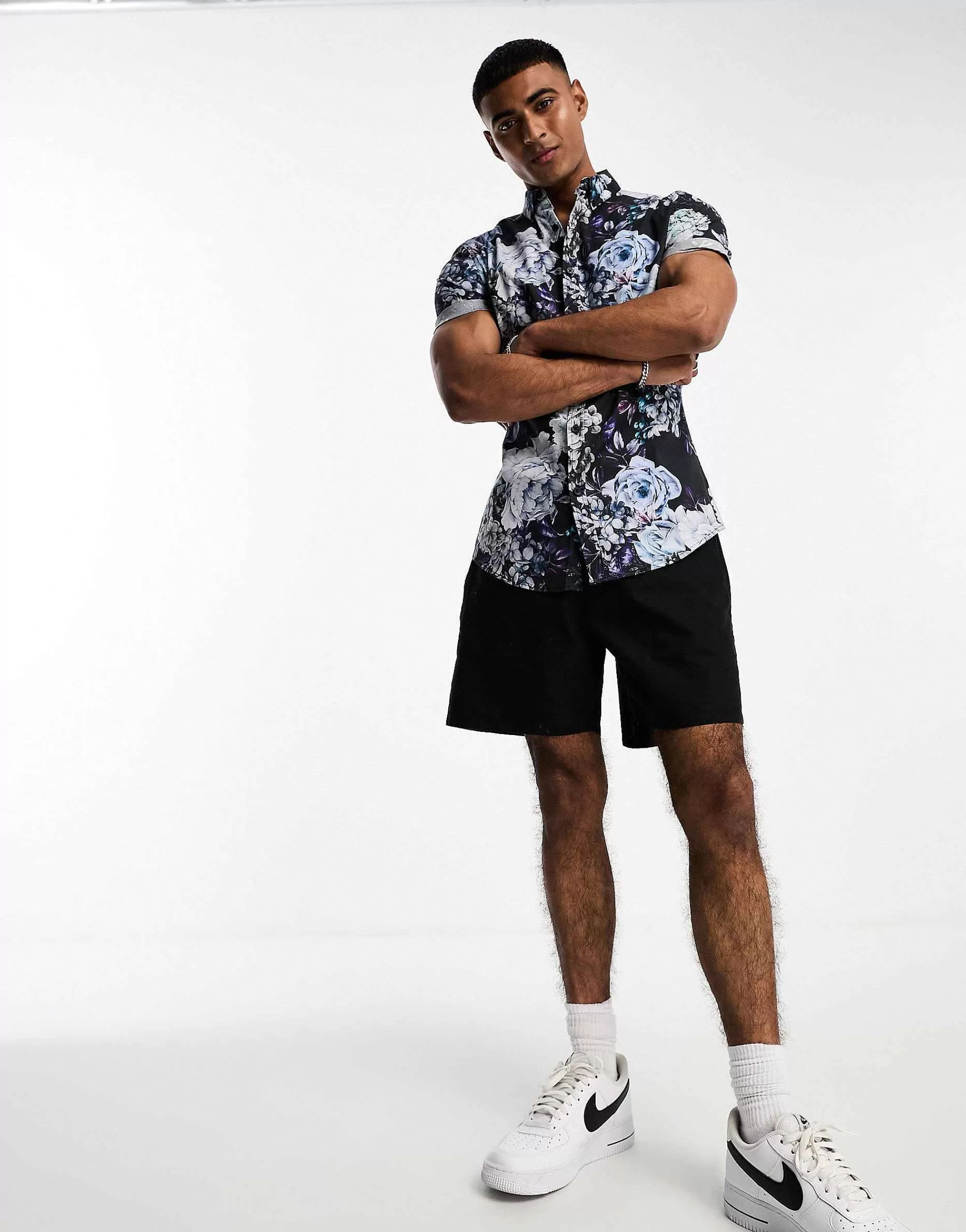 Men DESIGN 'Michael' Stretch Skinny Shirt In And Purple Floral Print