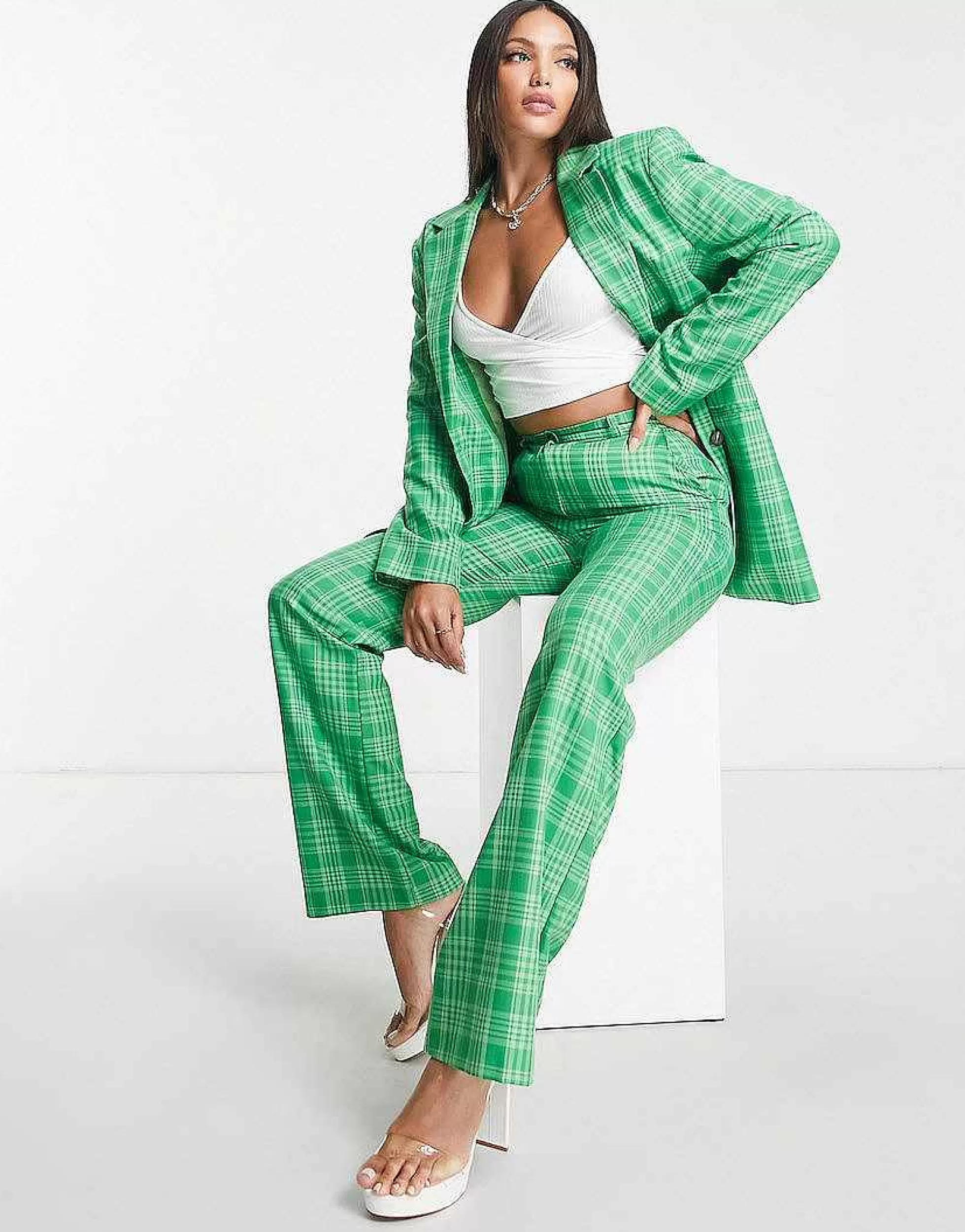 Women DESIGN Mix & Match Tall Grandad Suit In Green Check