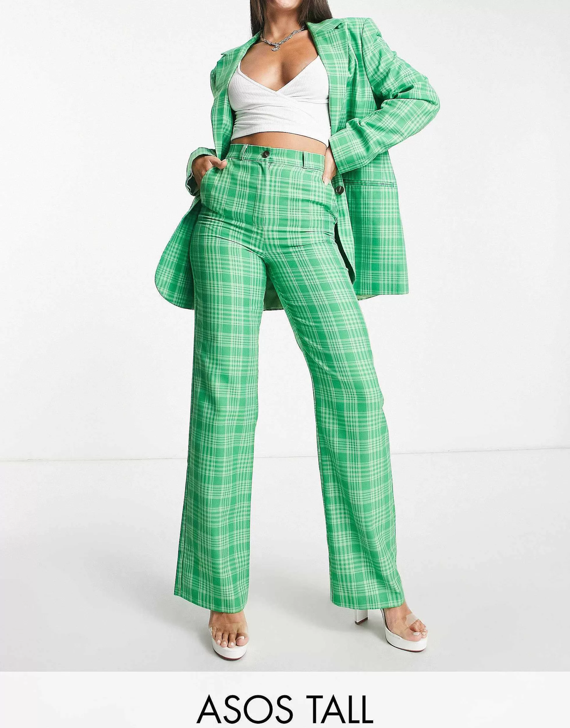 Women DESIGN Mix & Match Tall Grandad Suit In Green Check