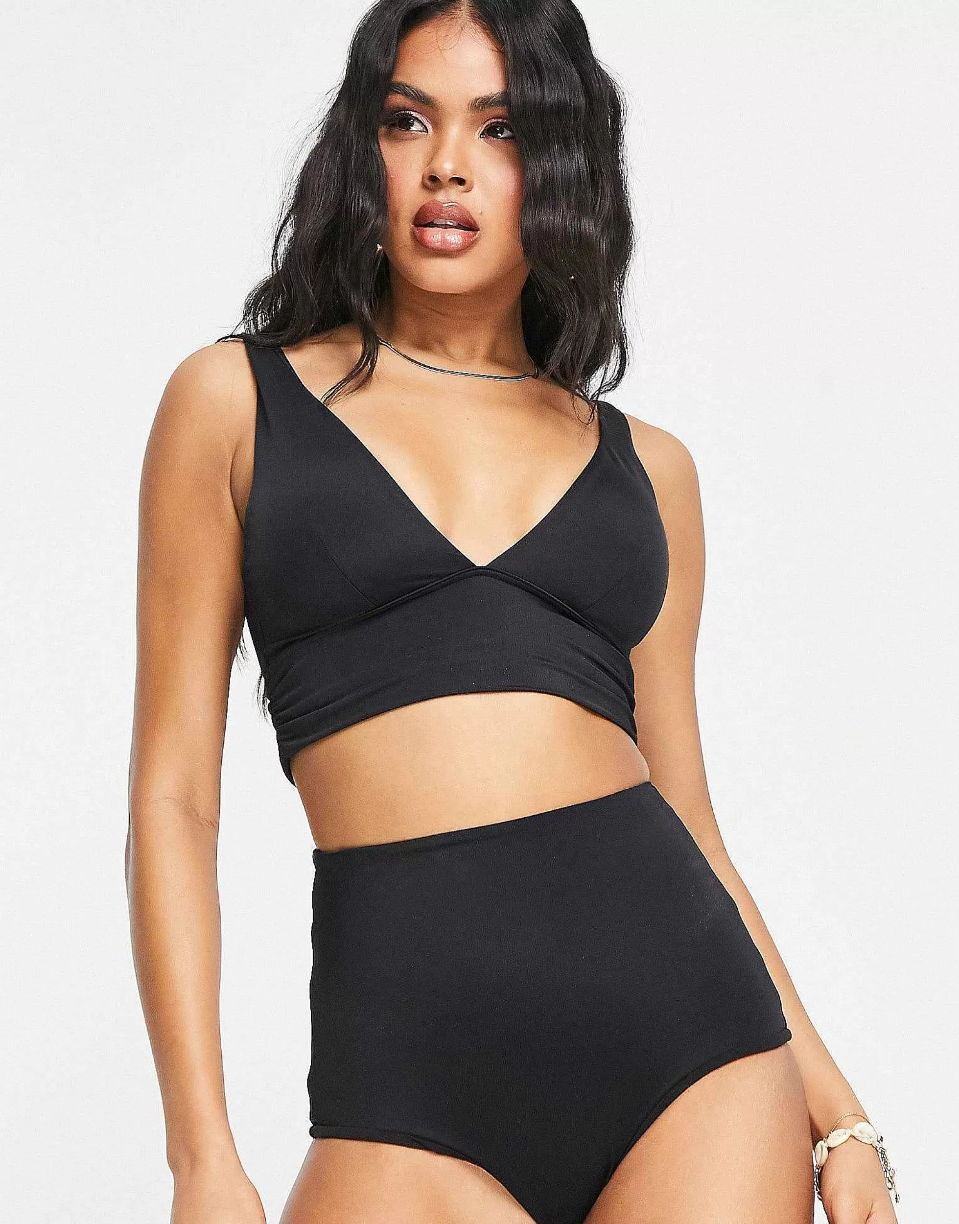 Women DESIGN Mix And Match Deep Band Side Ruched Crop Bikini Top In