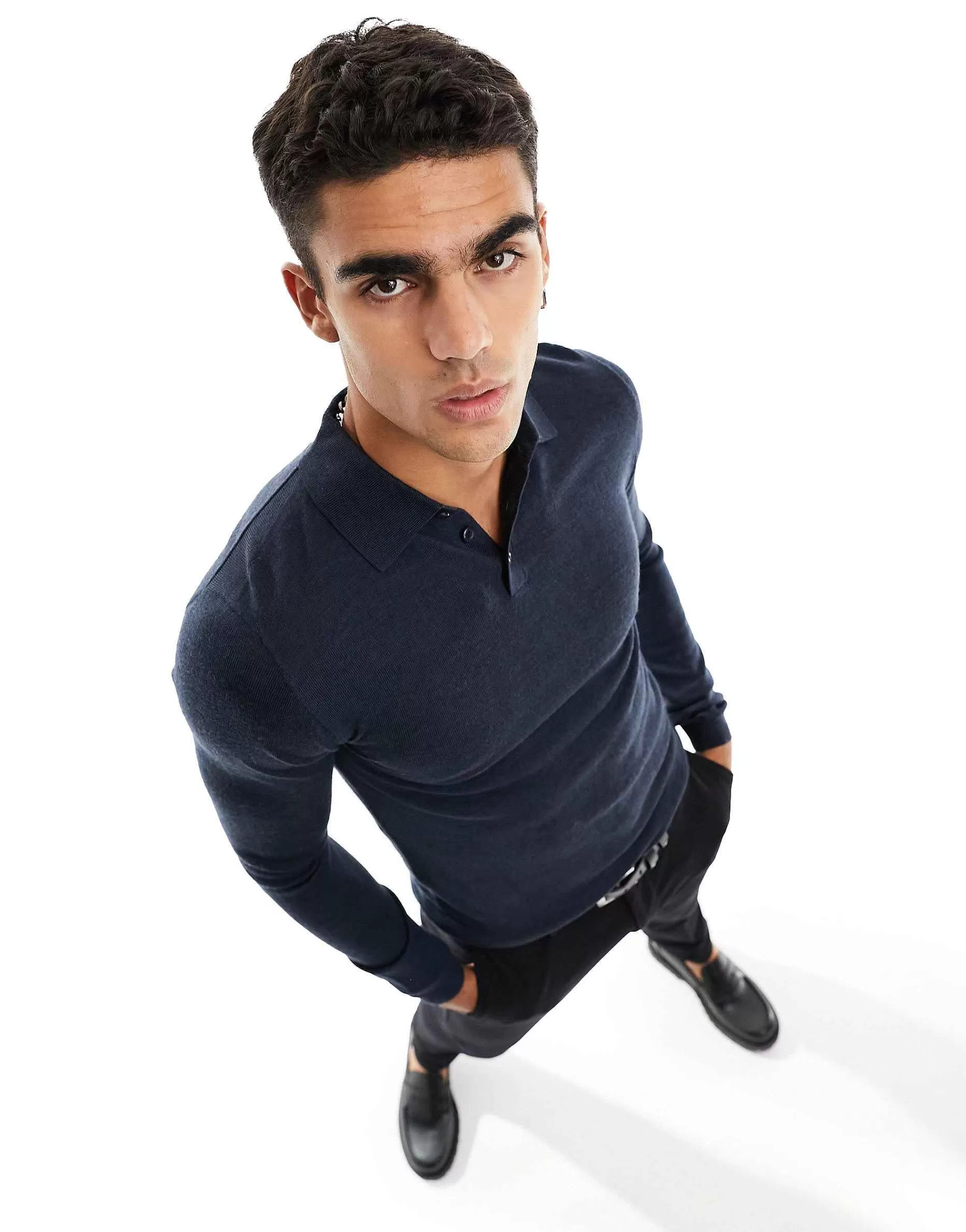 Men DESIGN Muscle Fit Knitted Merino Wool Polo Jumper In