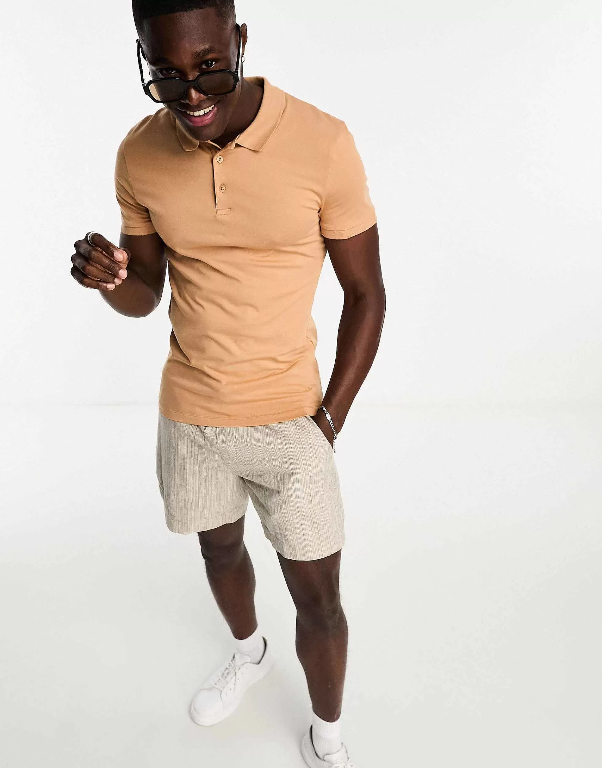 Men DESIGN Muscle Fit Polo Shirt In Tan