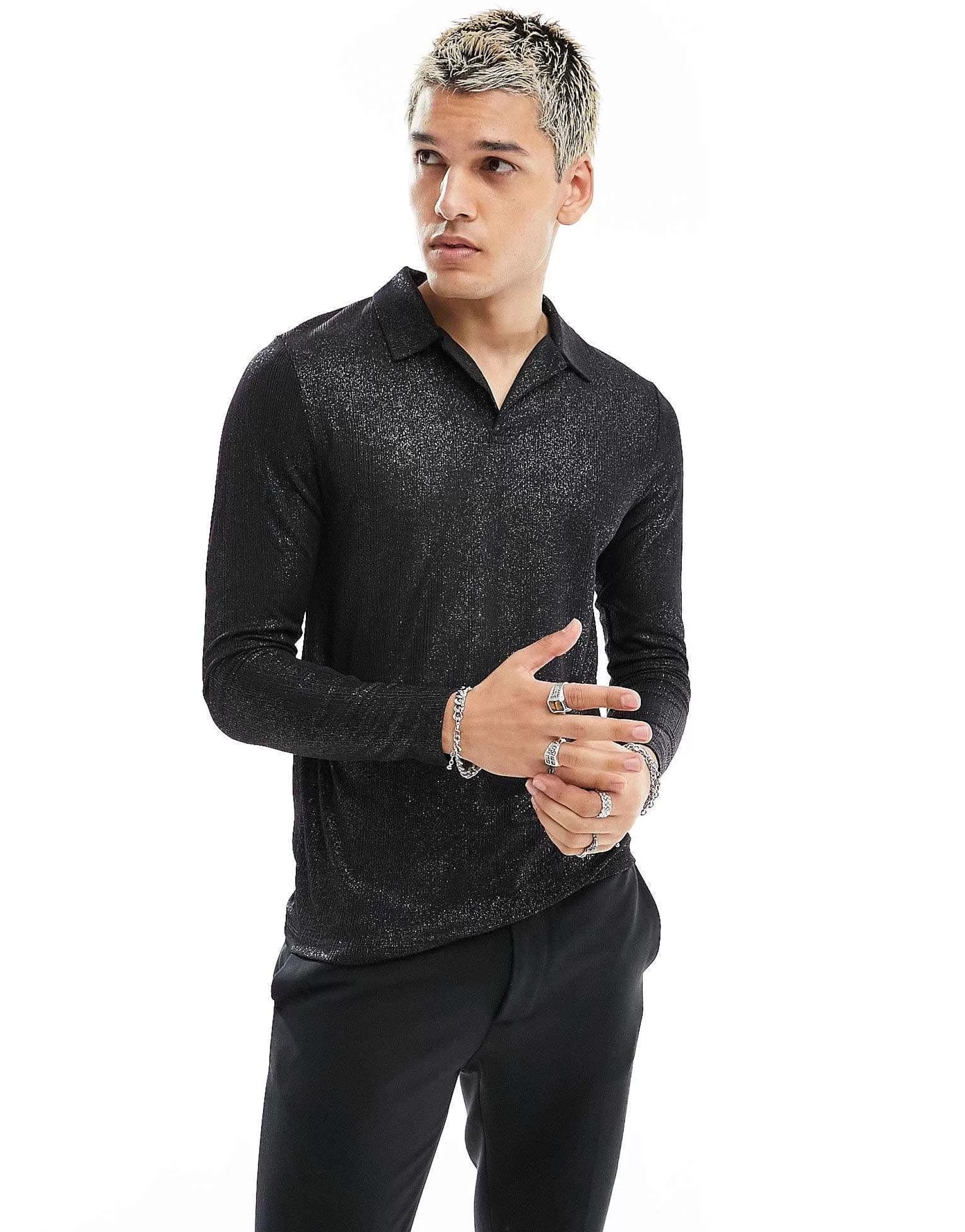 Men DESIGN Muscle Long Sleeve Polo In Glitter Rib With Revere Collar