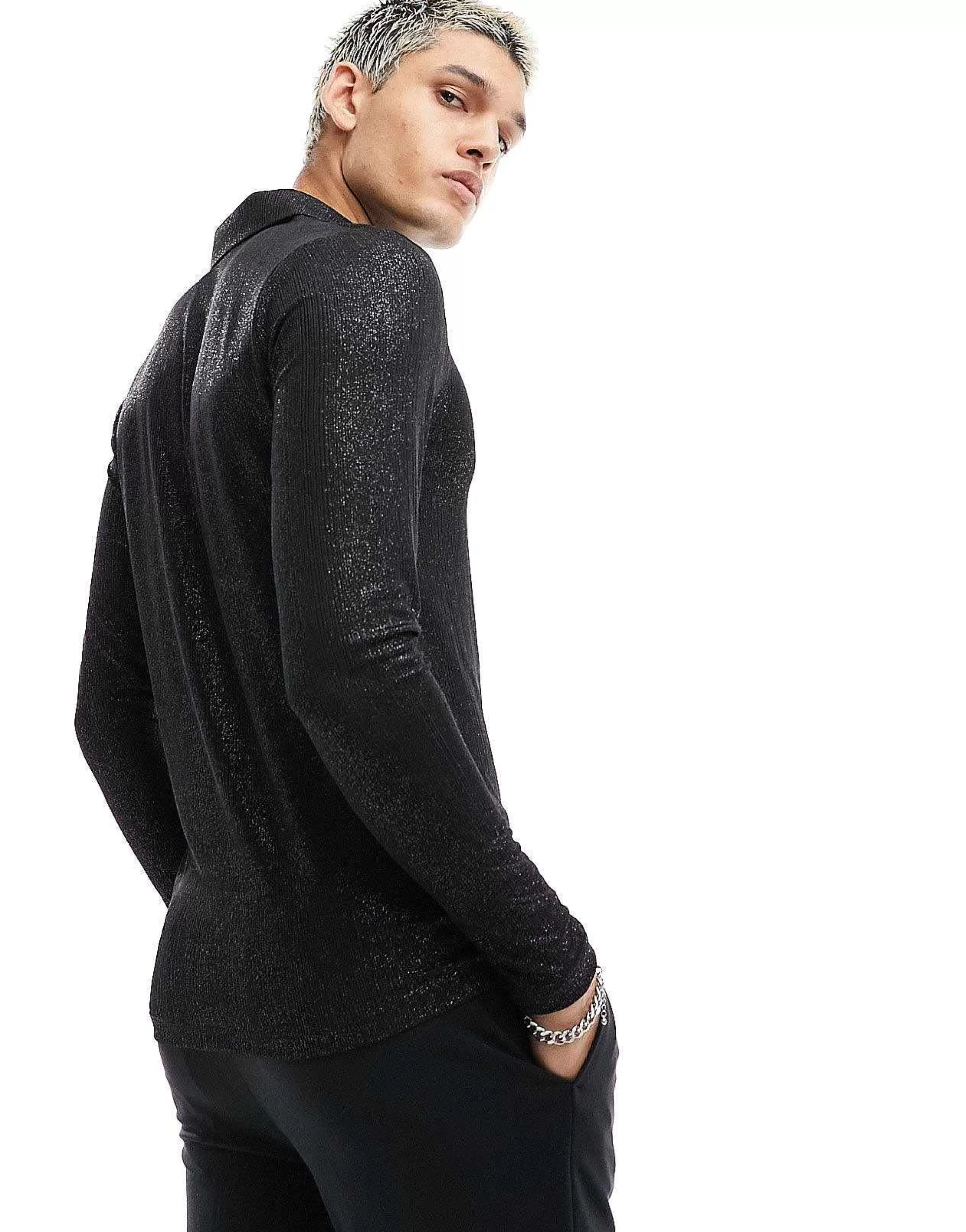 Men DESIGN Muscle Long Sleeve Polo In Glitter Rib With Revere Collar