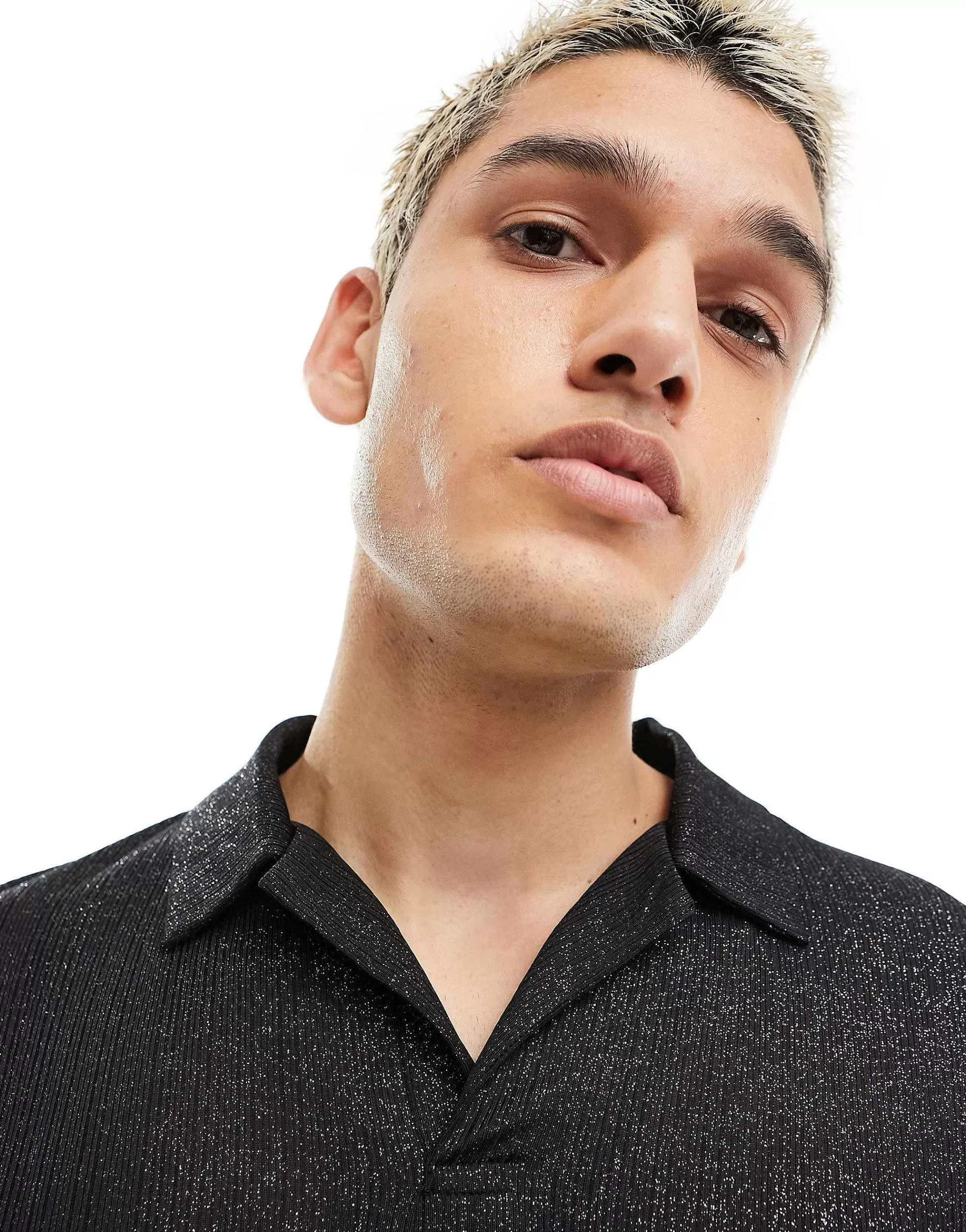 Men DESIGN Muscle Long Sleeve Polo In Glitter Rib With Revere Collar