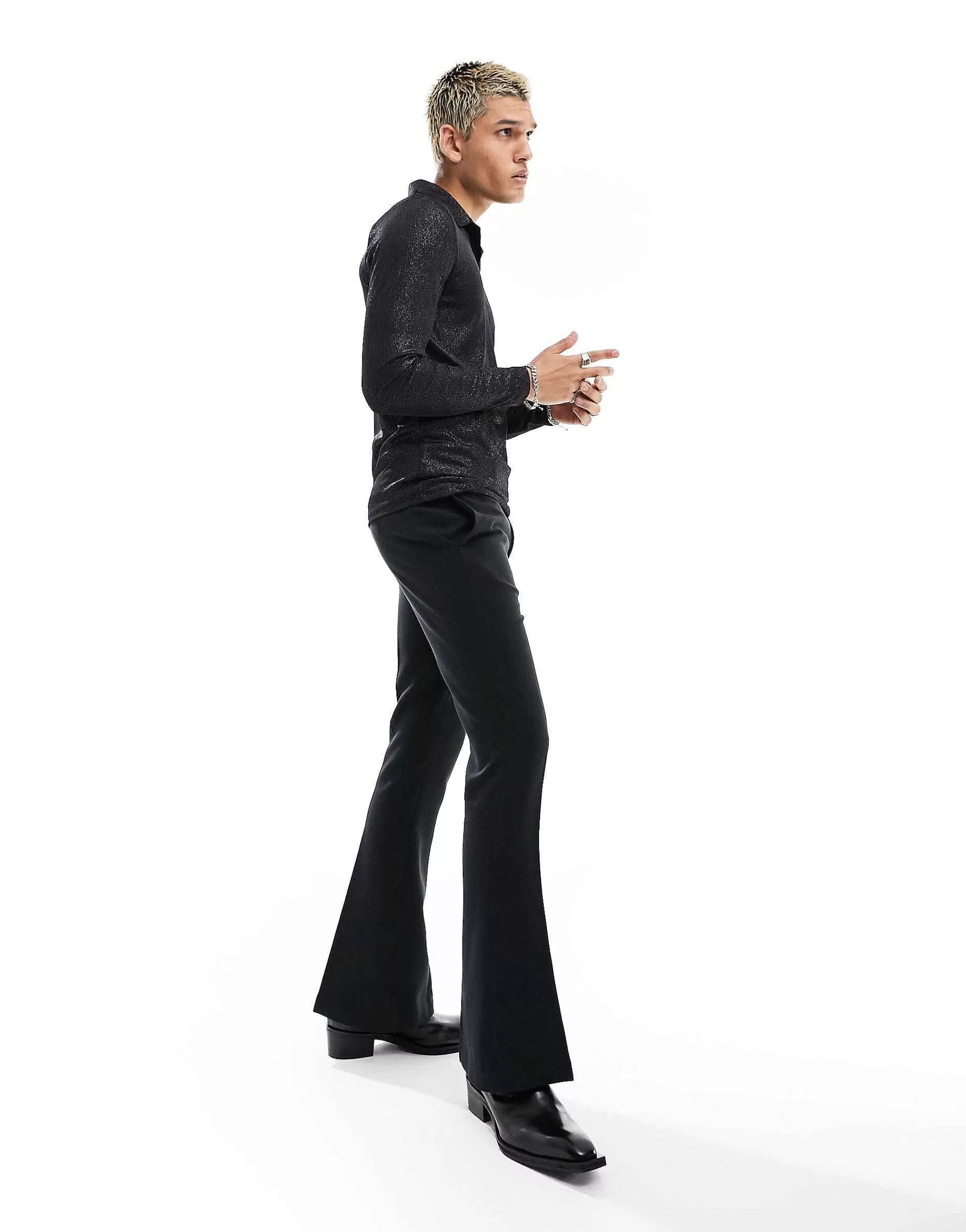 Men DESIGN Muscle Long Sleeve Polo In Glitter Rib With Revere Collar
