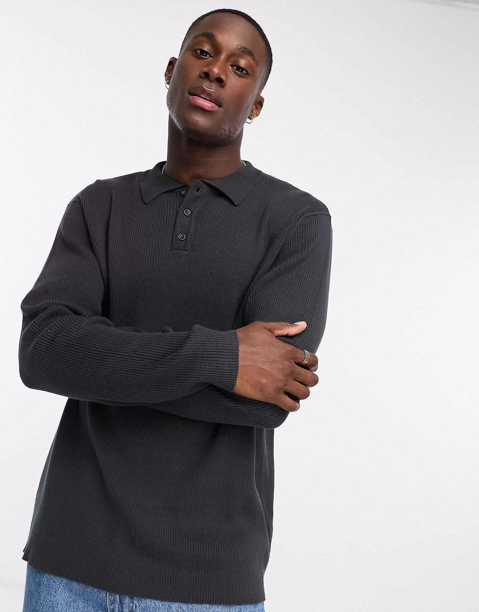 Men DESIGN Oversized Knitted Essential Rib Polo Jumper In