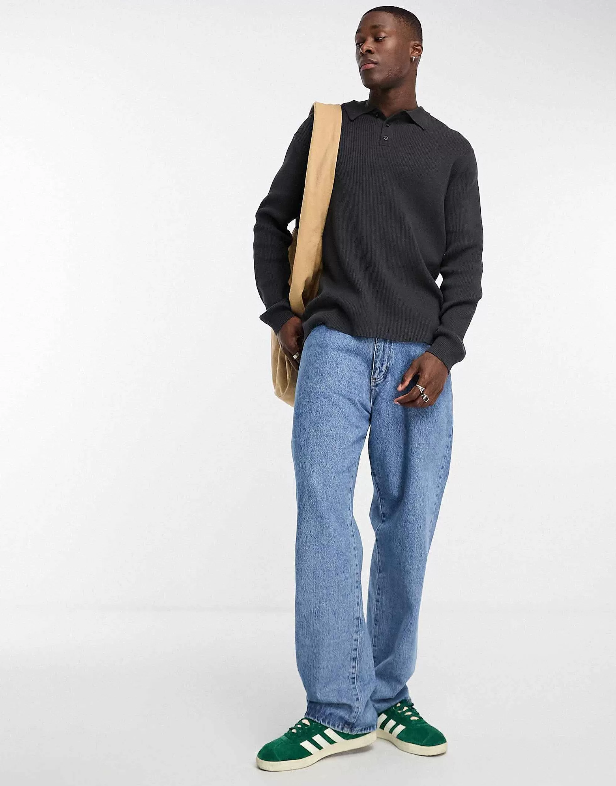 Men DESIGN Oversized Knitted Essential Rib Polo Jumper In