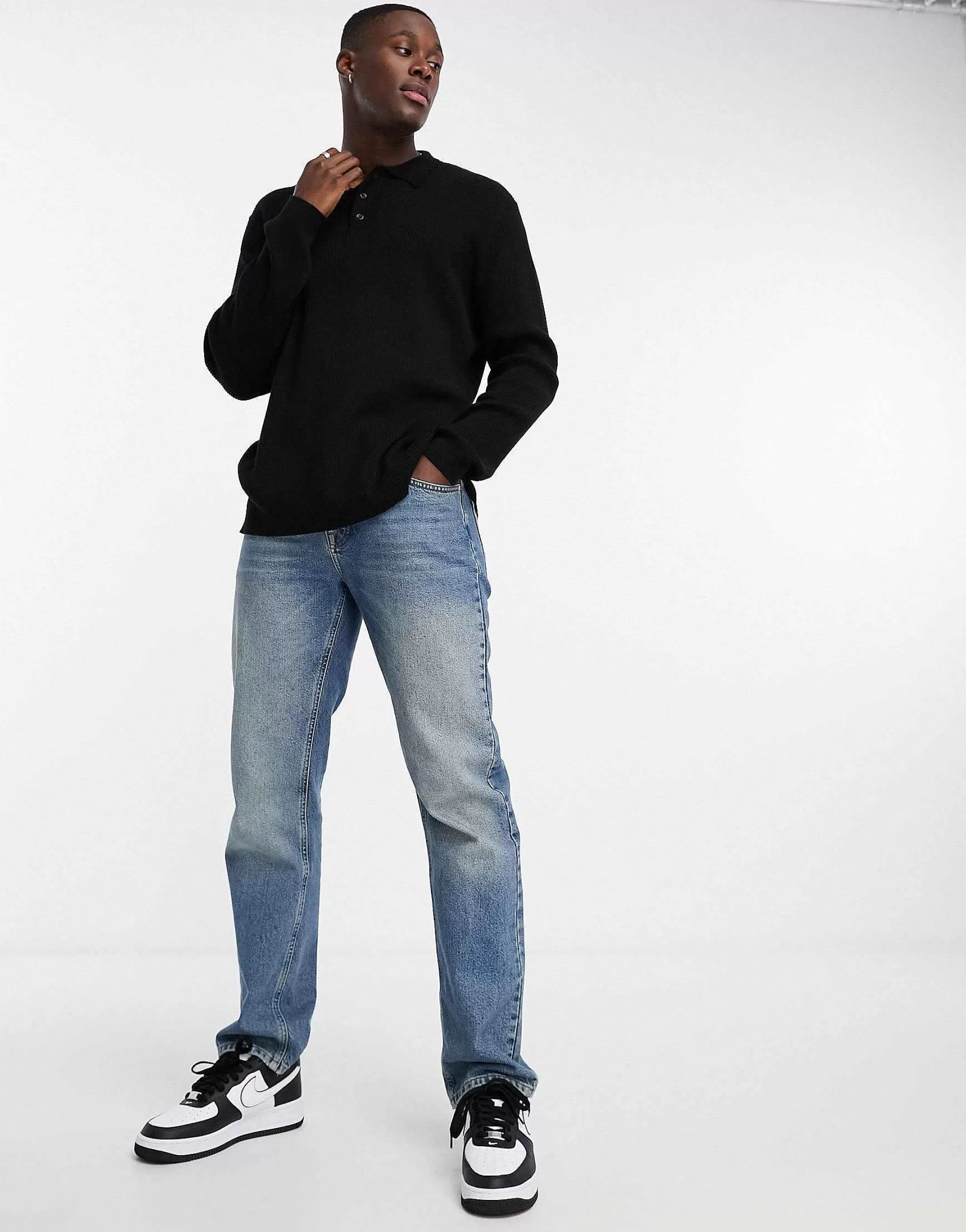 Men DESIGN Oversized Knitted Essential Rib Polo Jumper In