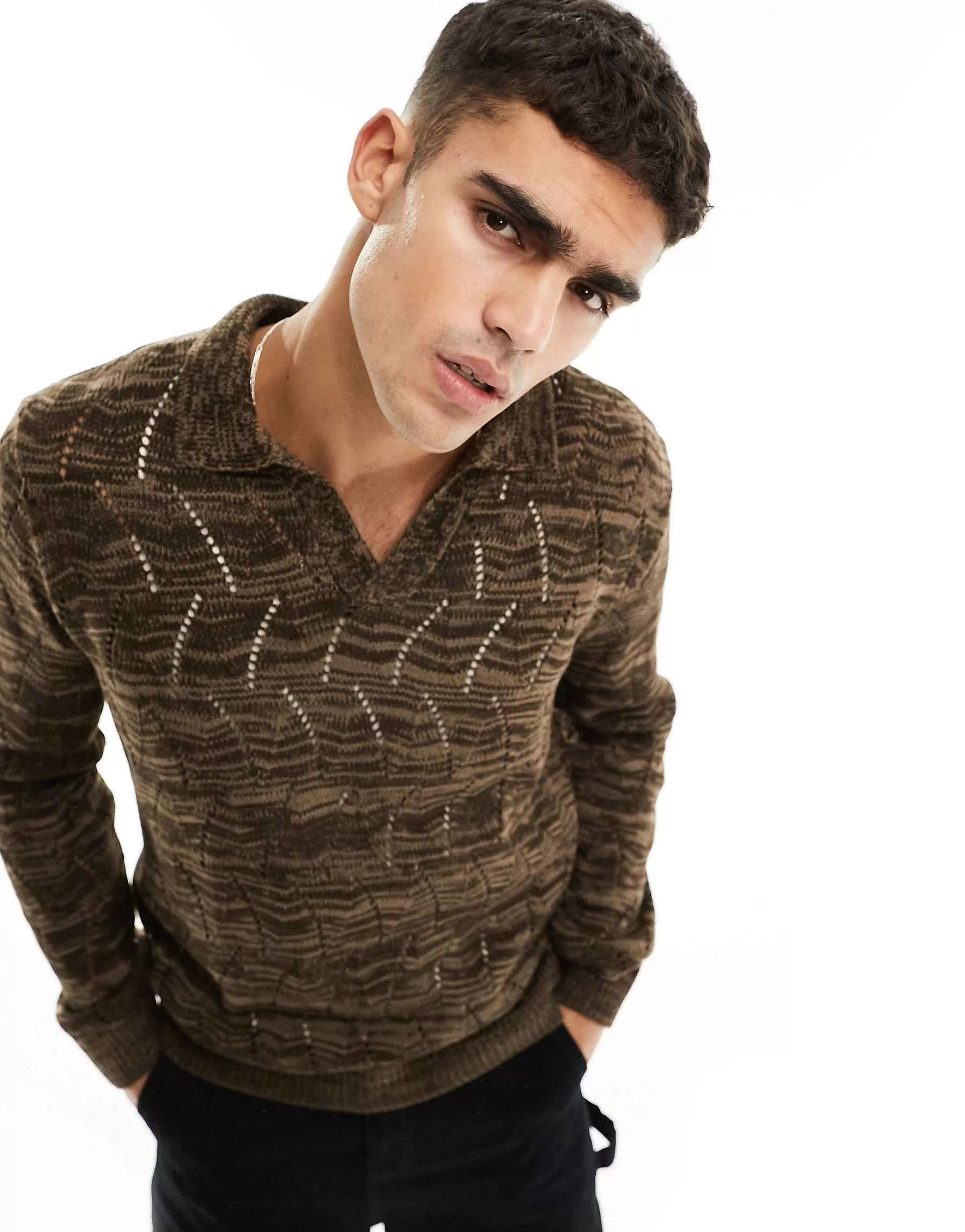 Men DESIGN Oversized Knitted Pointelle Polo Jumper In Twist
