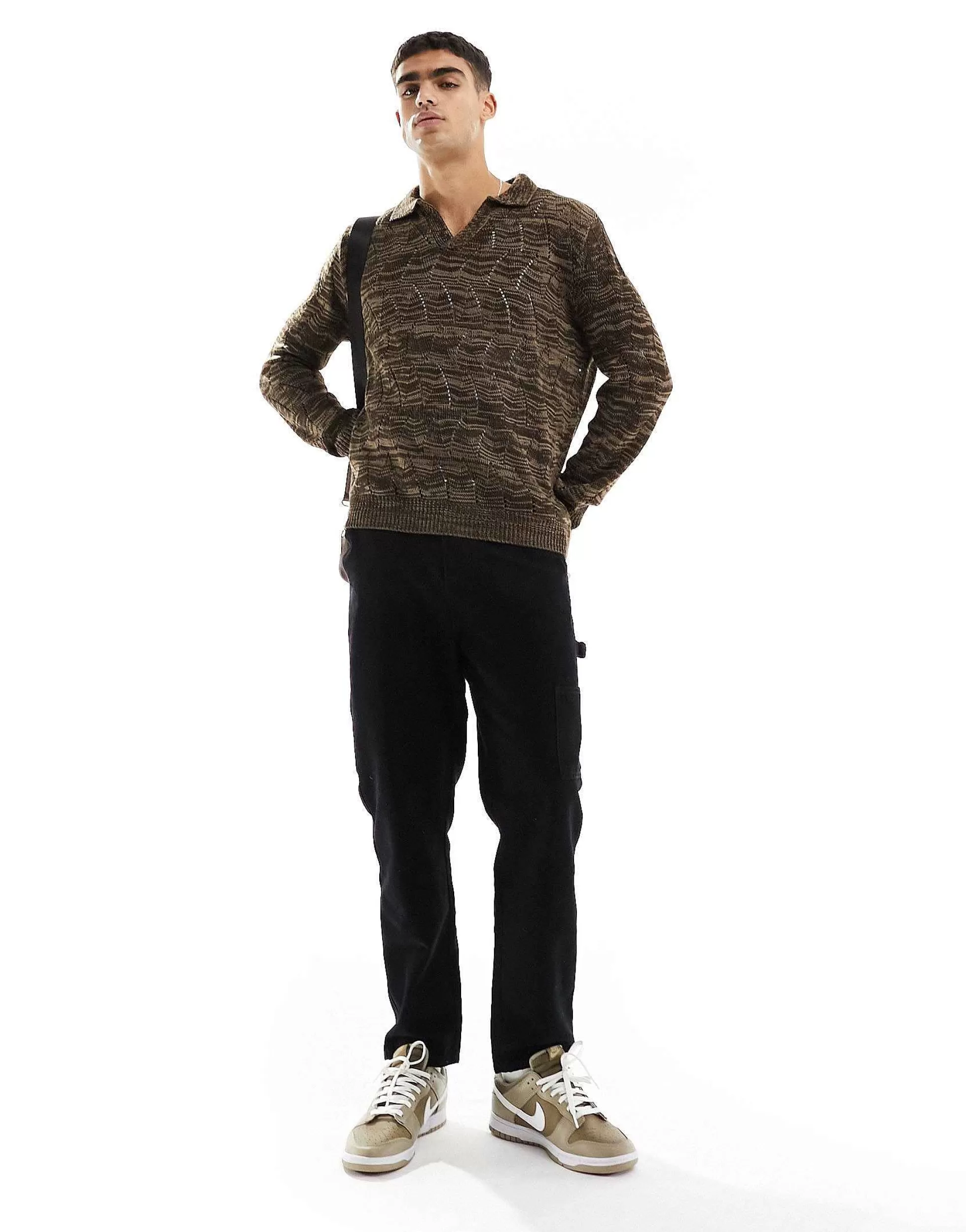 Men DESIGN Oversized Knitted Pointelle Polo Jumper In Twist