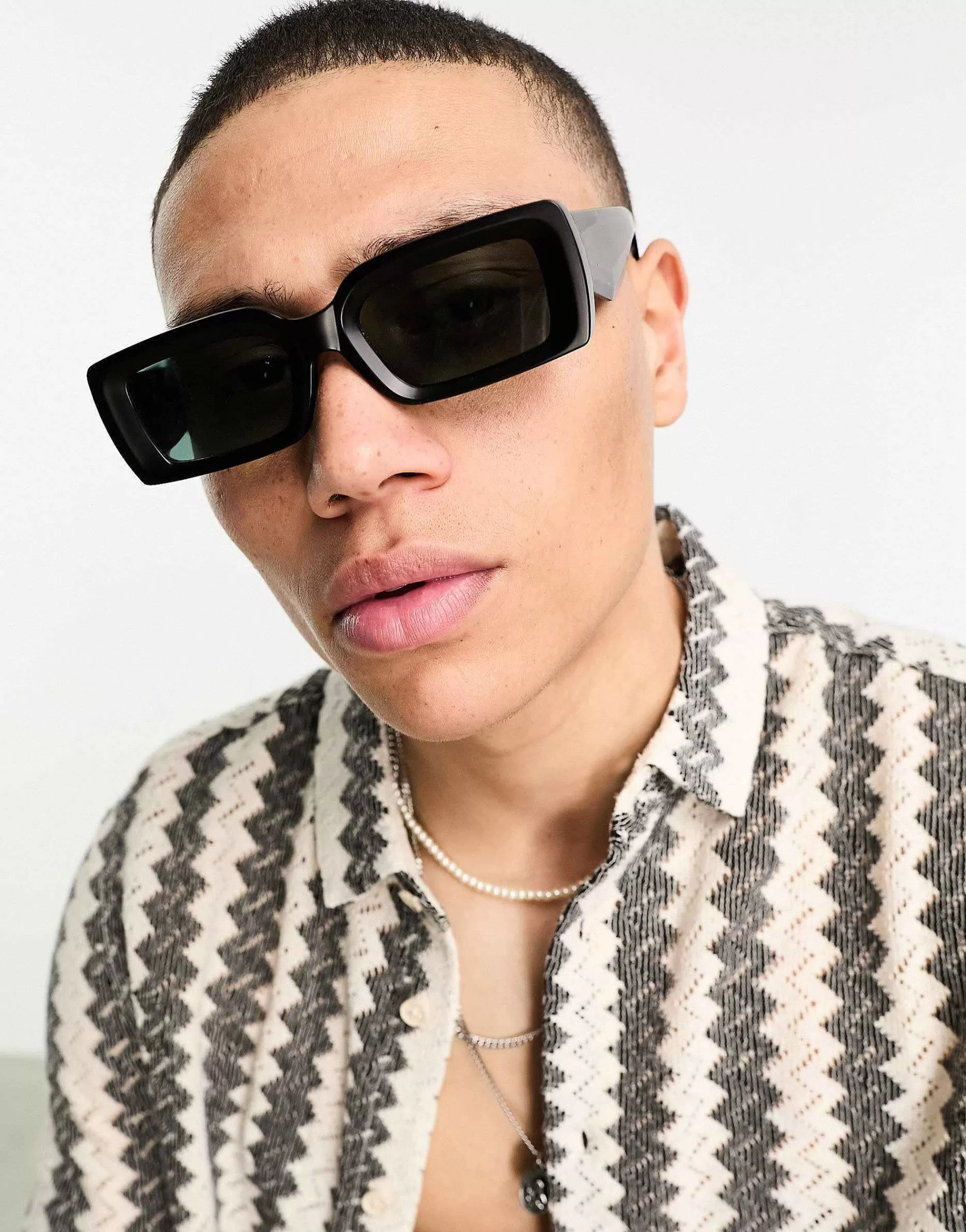 Men DESIGN Oversized Rectangle Sunglasses With Bevelled Frame And Green Lens In Matte