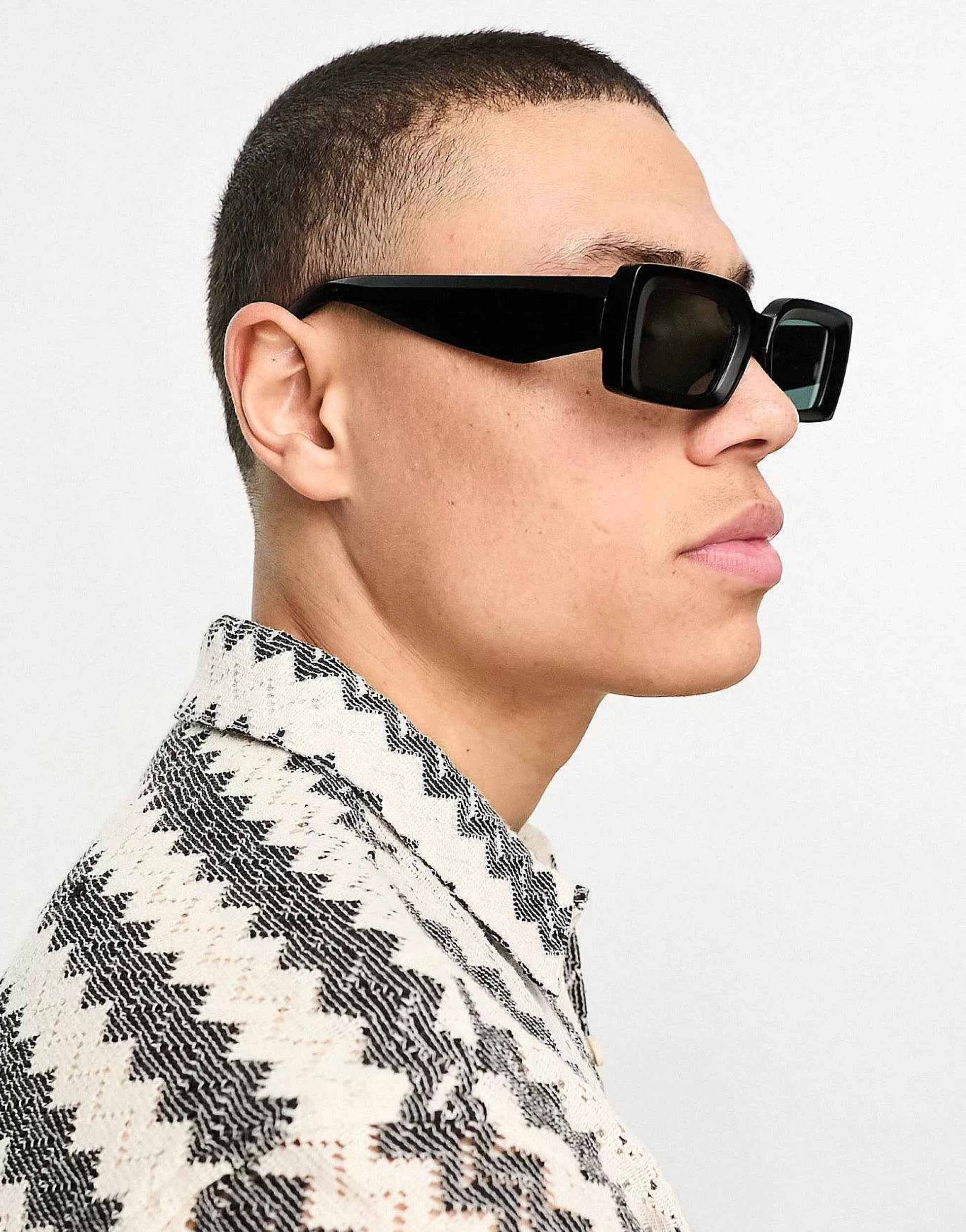 Men DESIGN Oversized Rectangle Sunglasses With Bevelled Frame And Green Lens In Matte