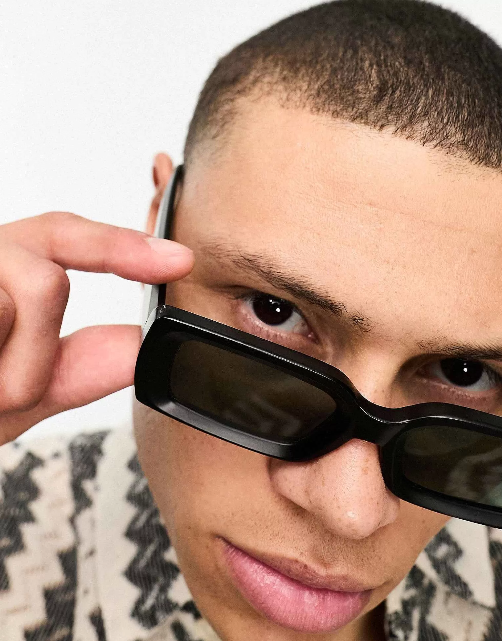Men DESIGN Oversized Rectangle Sunglasses With Bevelled Frame And Green Lens In Matte