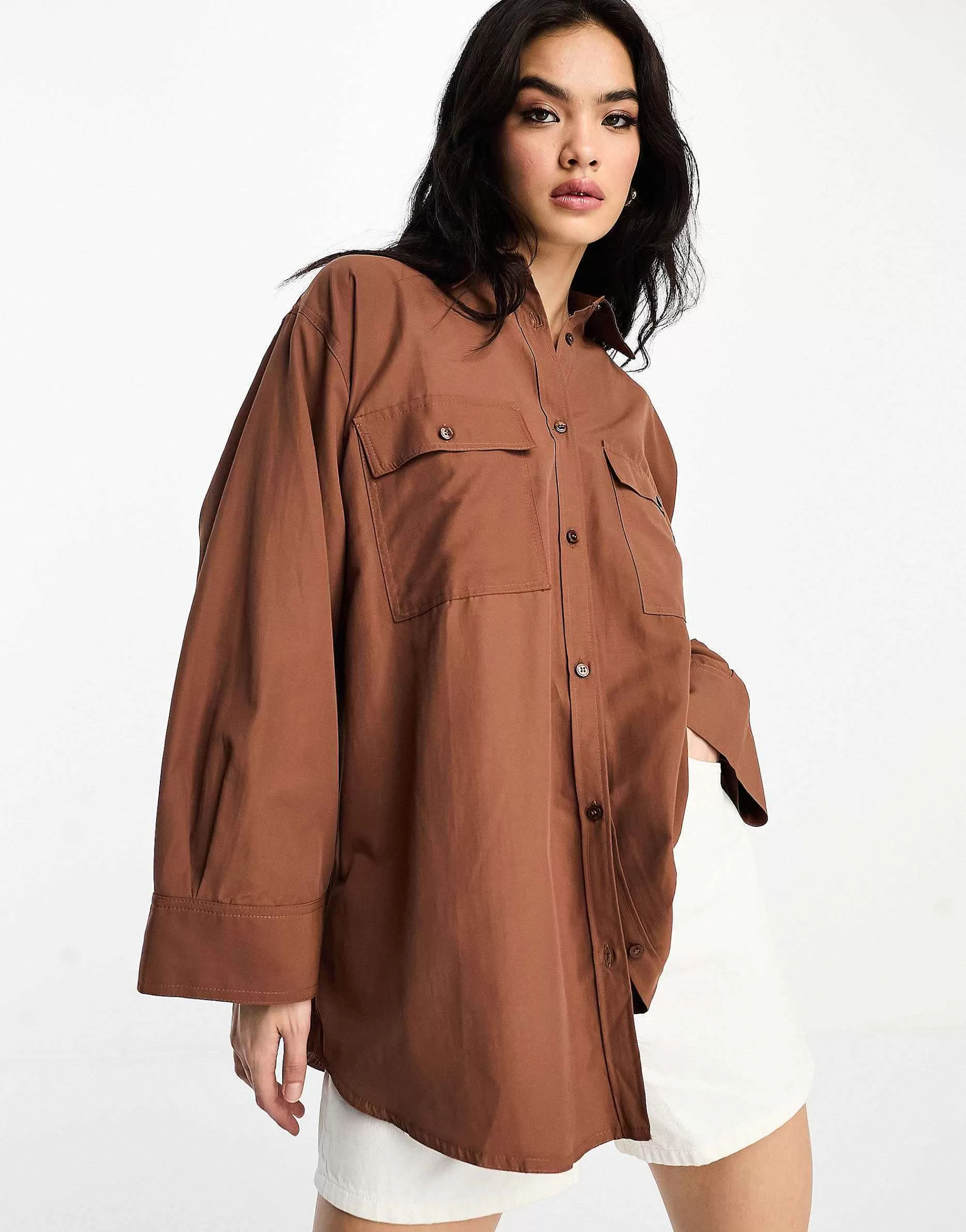 Women DESIGN Oversized Shirt With Wide Cuff Detail In Brown