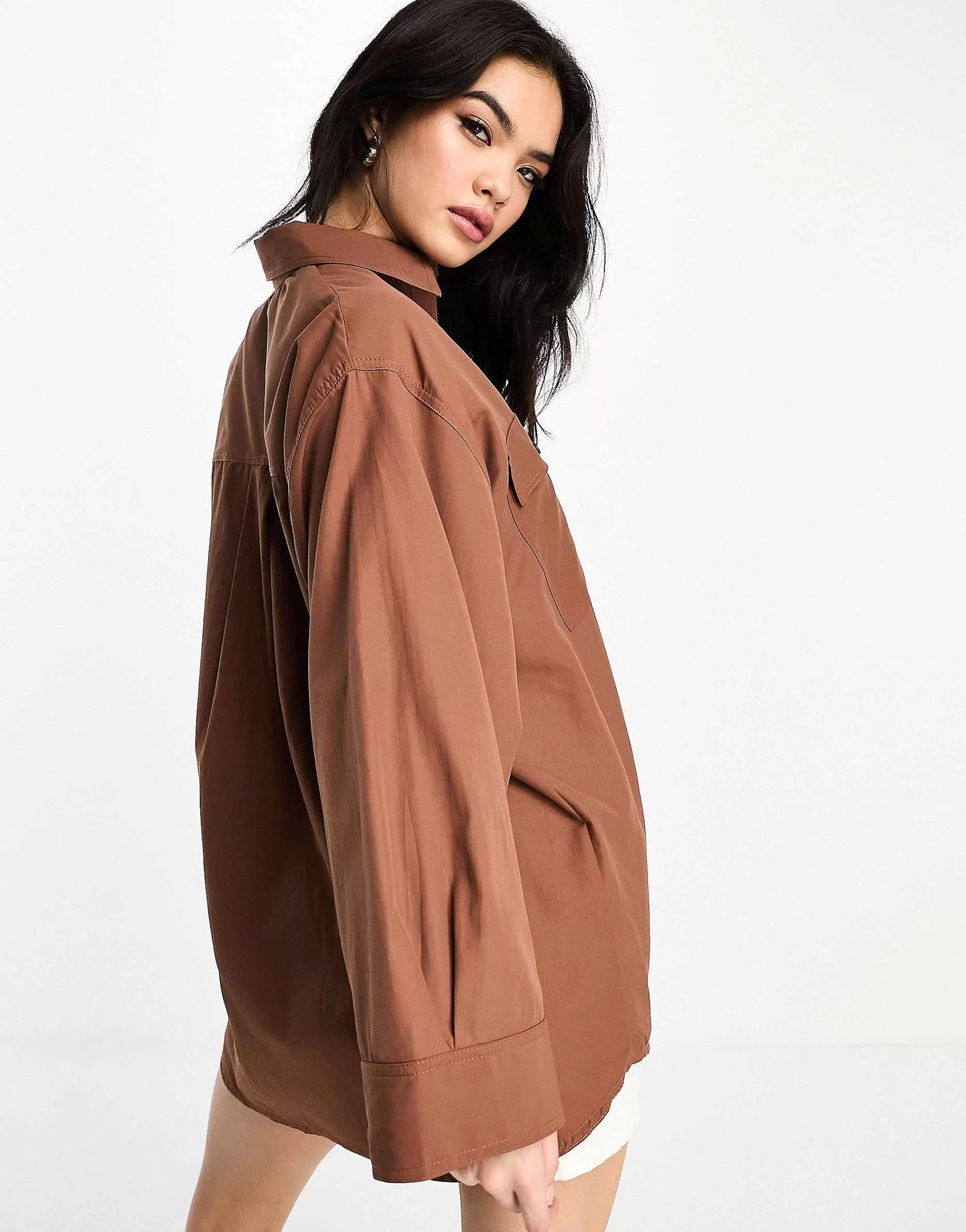 Women DESIGN Oversized Shirt With Wide Cuff Detail In Brown