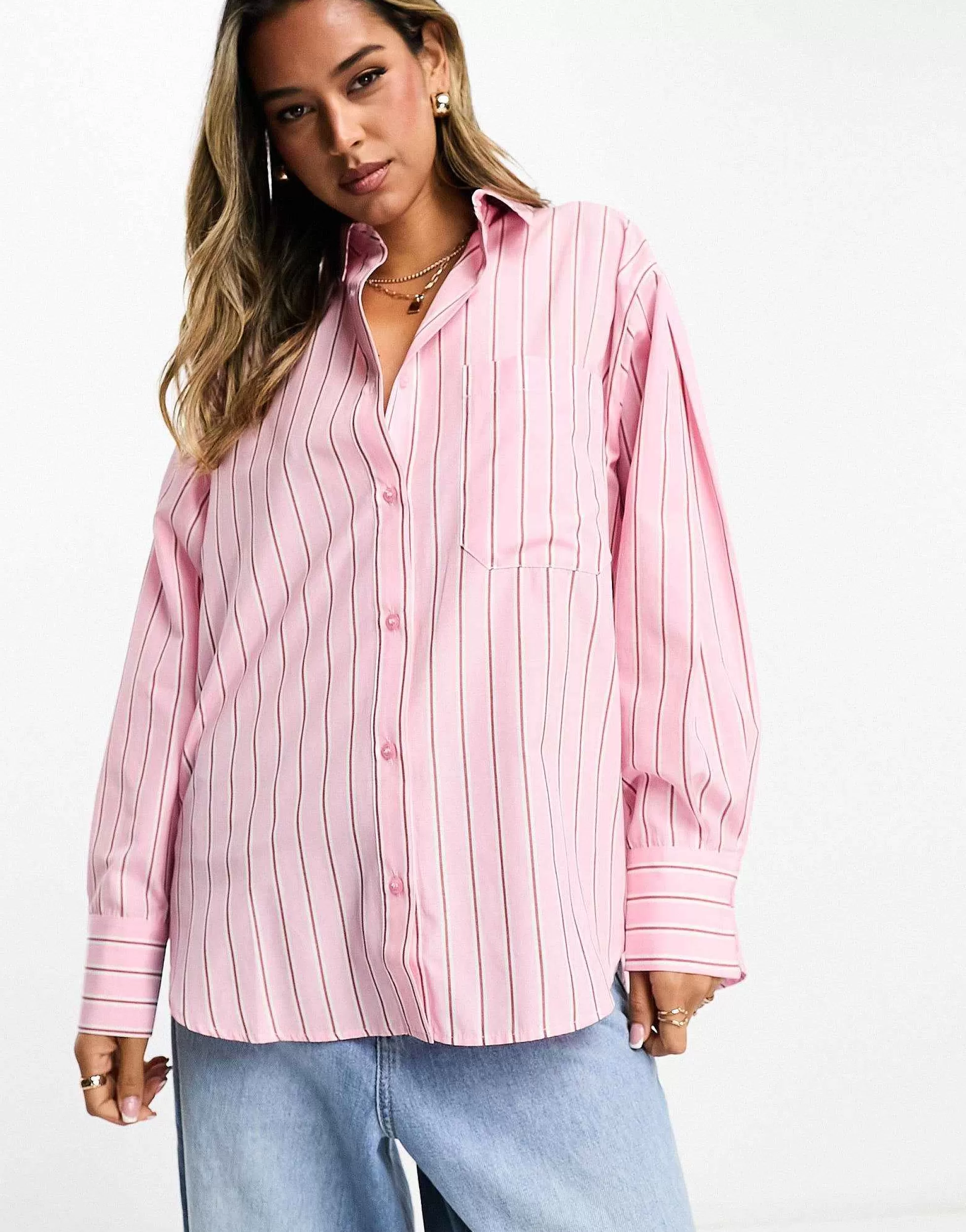 Women DESIGN Oxford Shirt In Pink And Burgundy Stripe