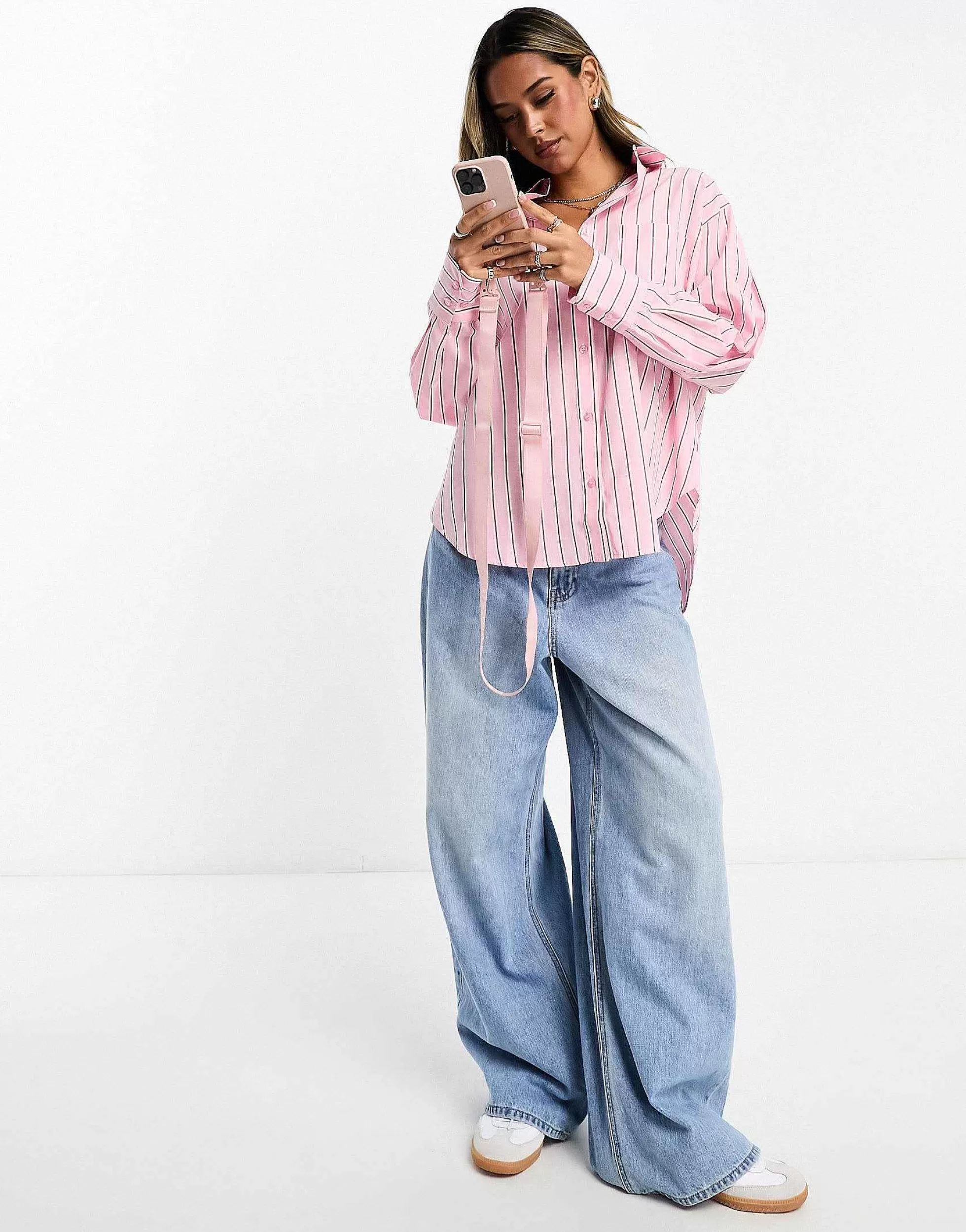 Women DESIGN Oxford Shirt In Pink And Burgundy Stripe