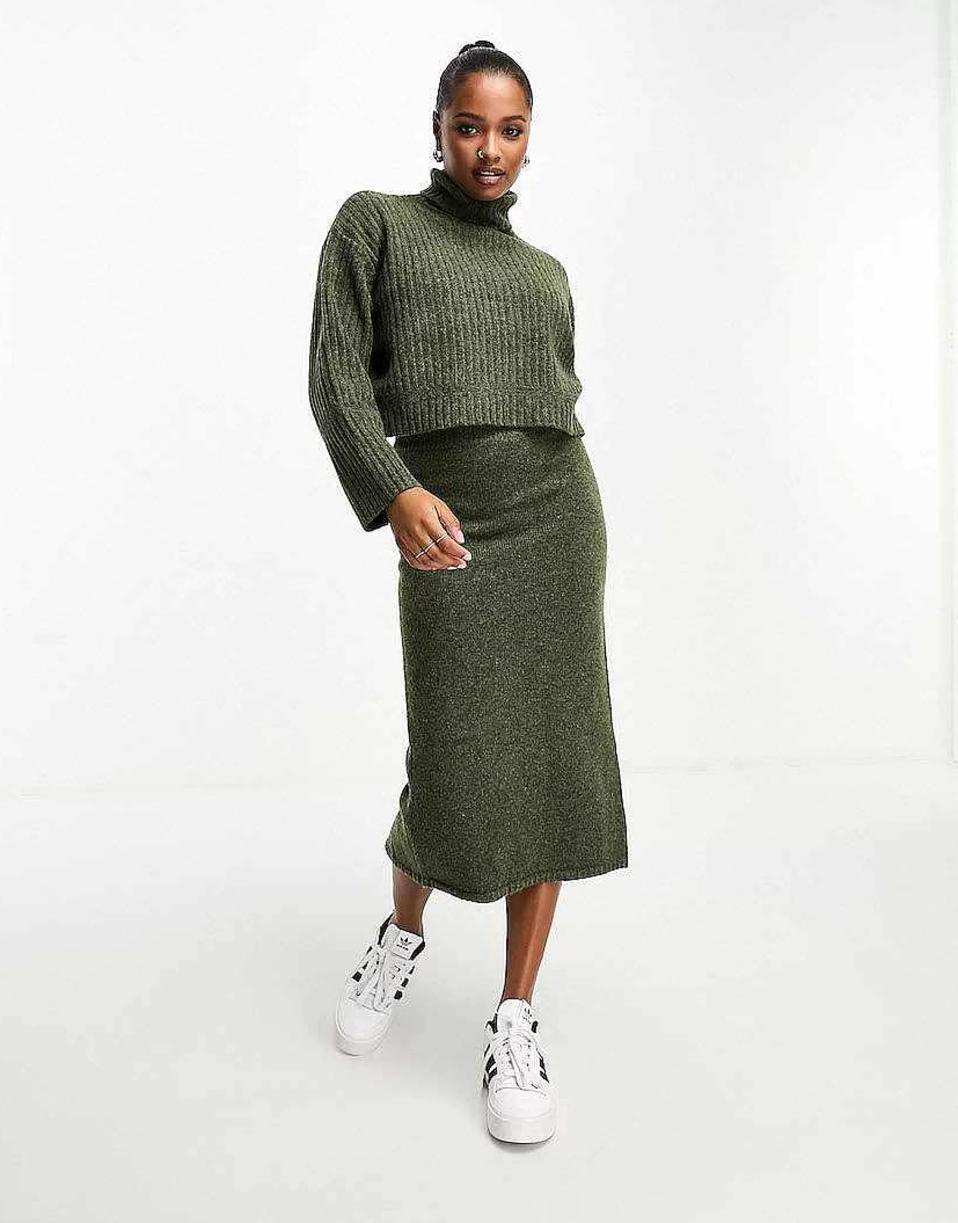 Women Petite Design Boxy Jumper In Rib With Roll Neck & Midi Skirt Co Ord In Khak