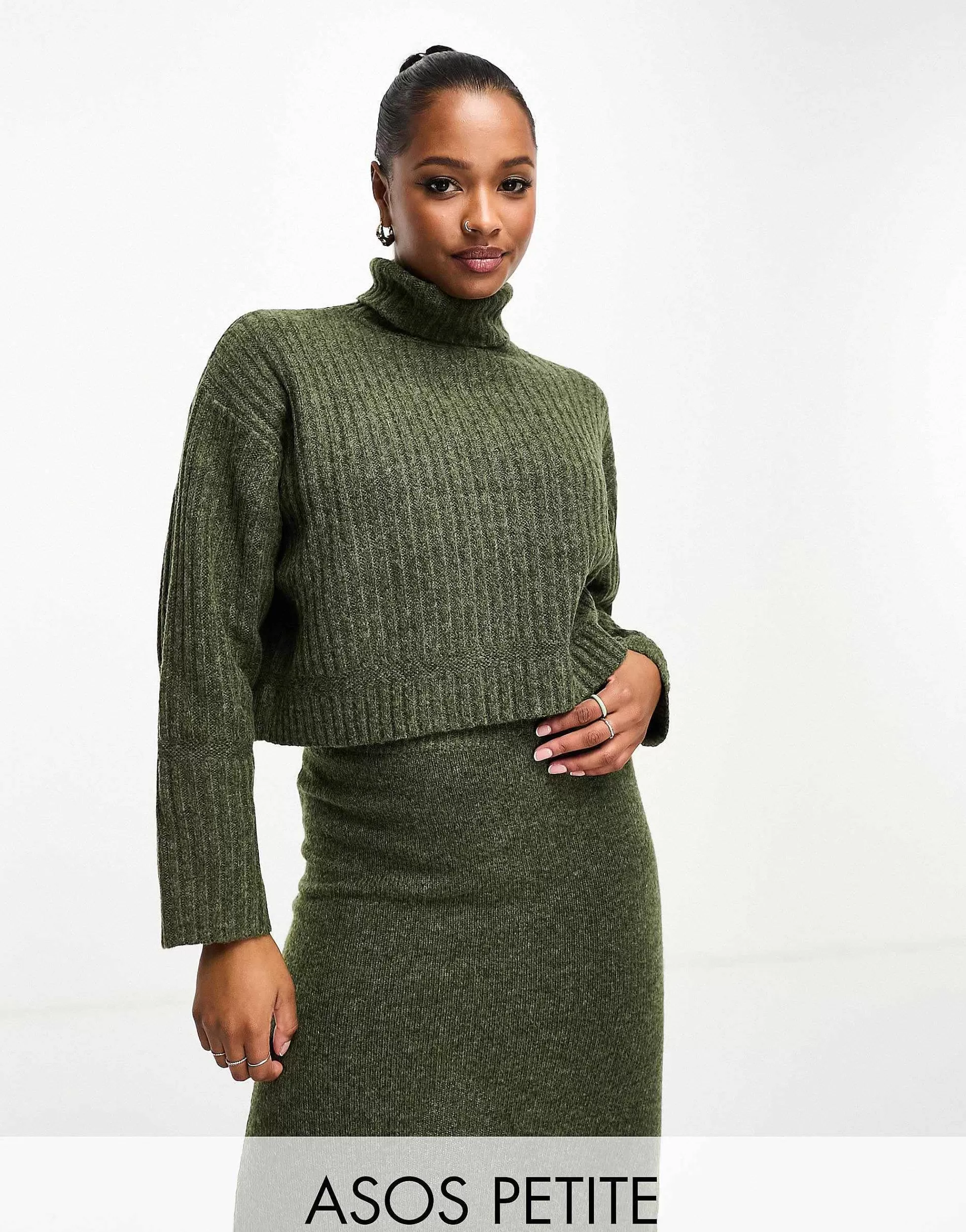 Women Petite Design Boxy Jumper In Rib With Roll Neck & Midi Skirt Co Ord In Khak