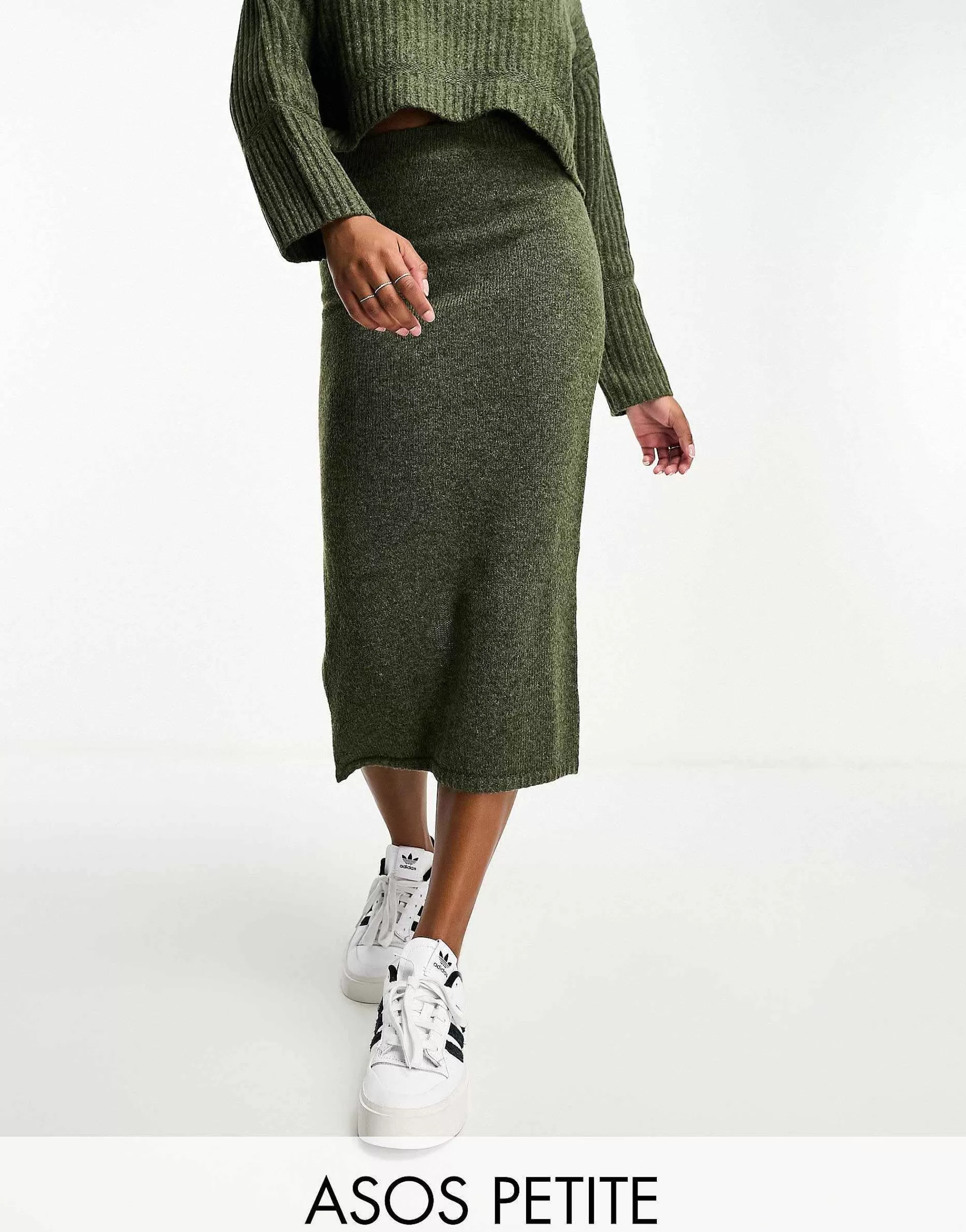 Women Petite Design Boxy Jumper In Rib With Roll Neck & Midi Skirt Co Ord In Khak