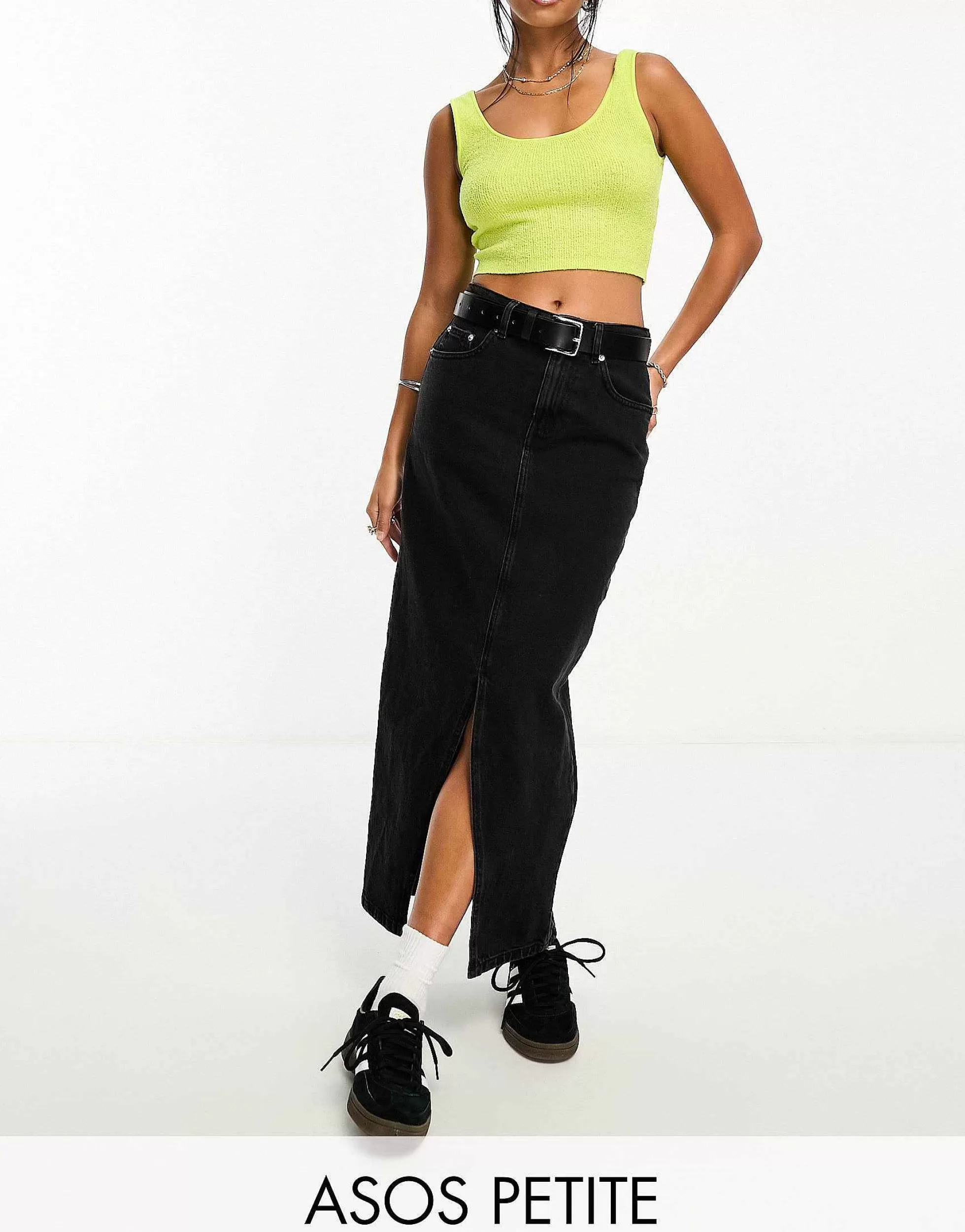 Women Petite Design Denim Midi Skirt With Split Hem In Washed