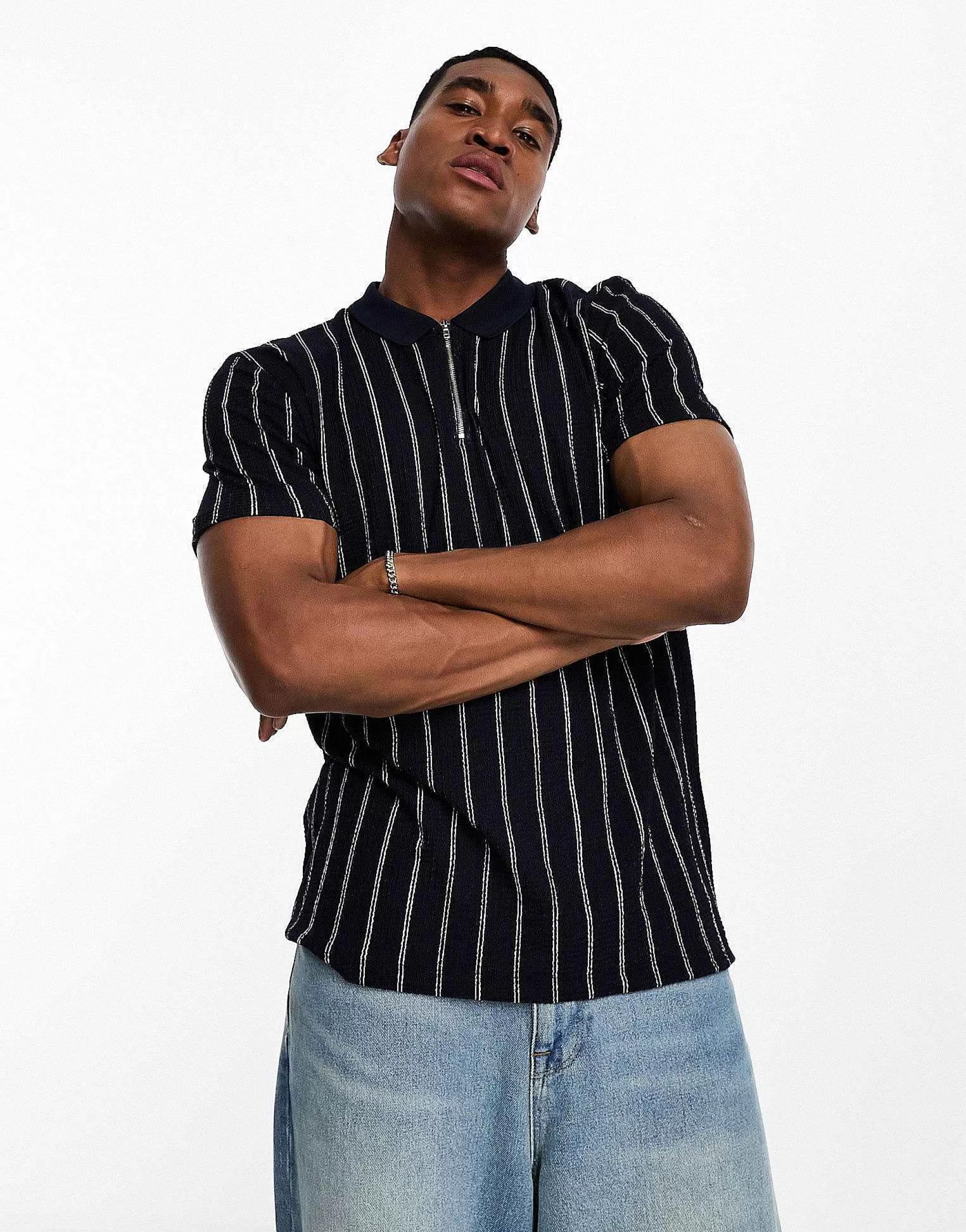 Men DESIGN Polo T-Shirt In White Stripe