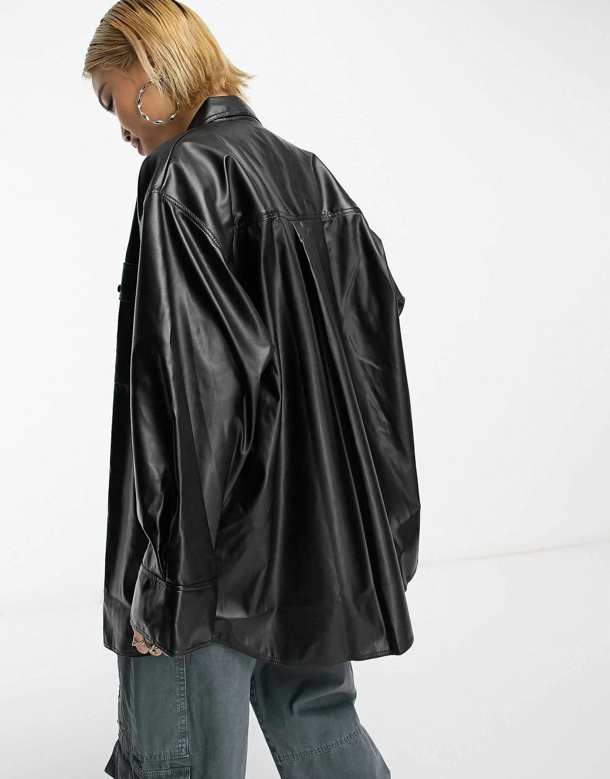 Women DESIGN Pu Oversized Shirt With Wide Cuff Detail In