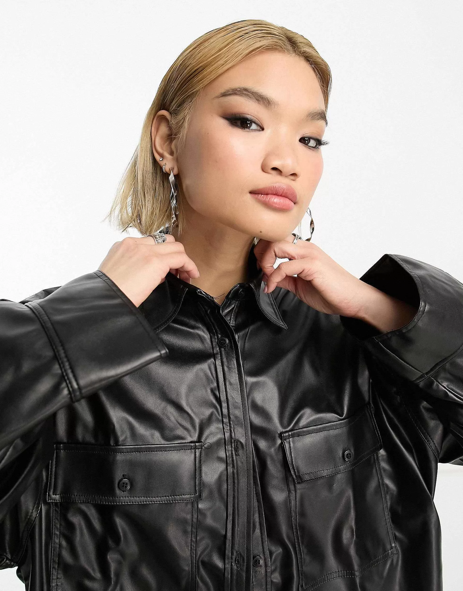 Women DESIGN Pu Oversized Shirt With Wide Cuff Detail In