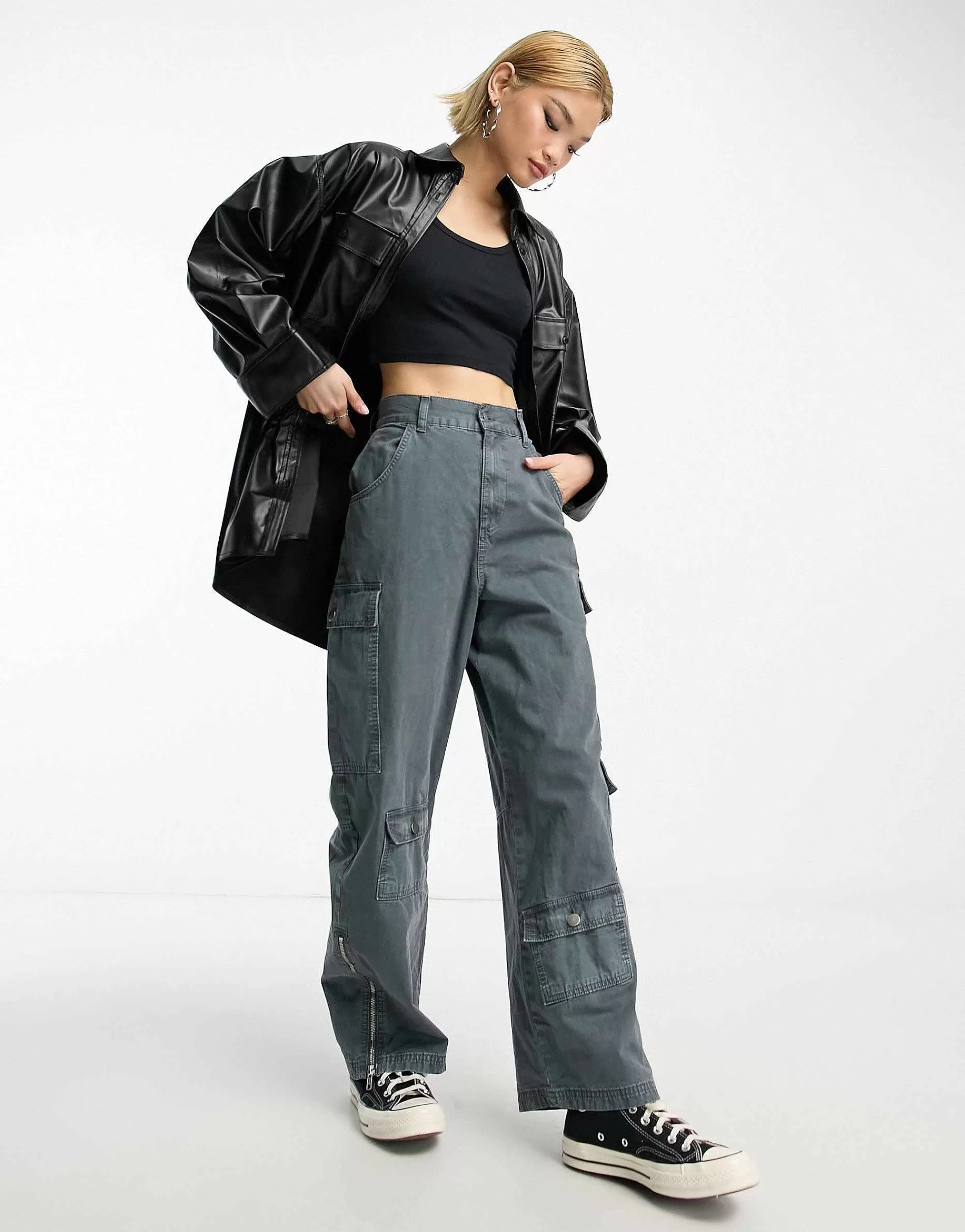 Women DESIGN Pu Oversized Shirt With Wide Cuff Detail In