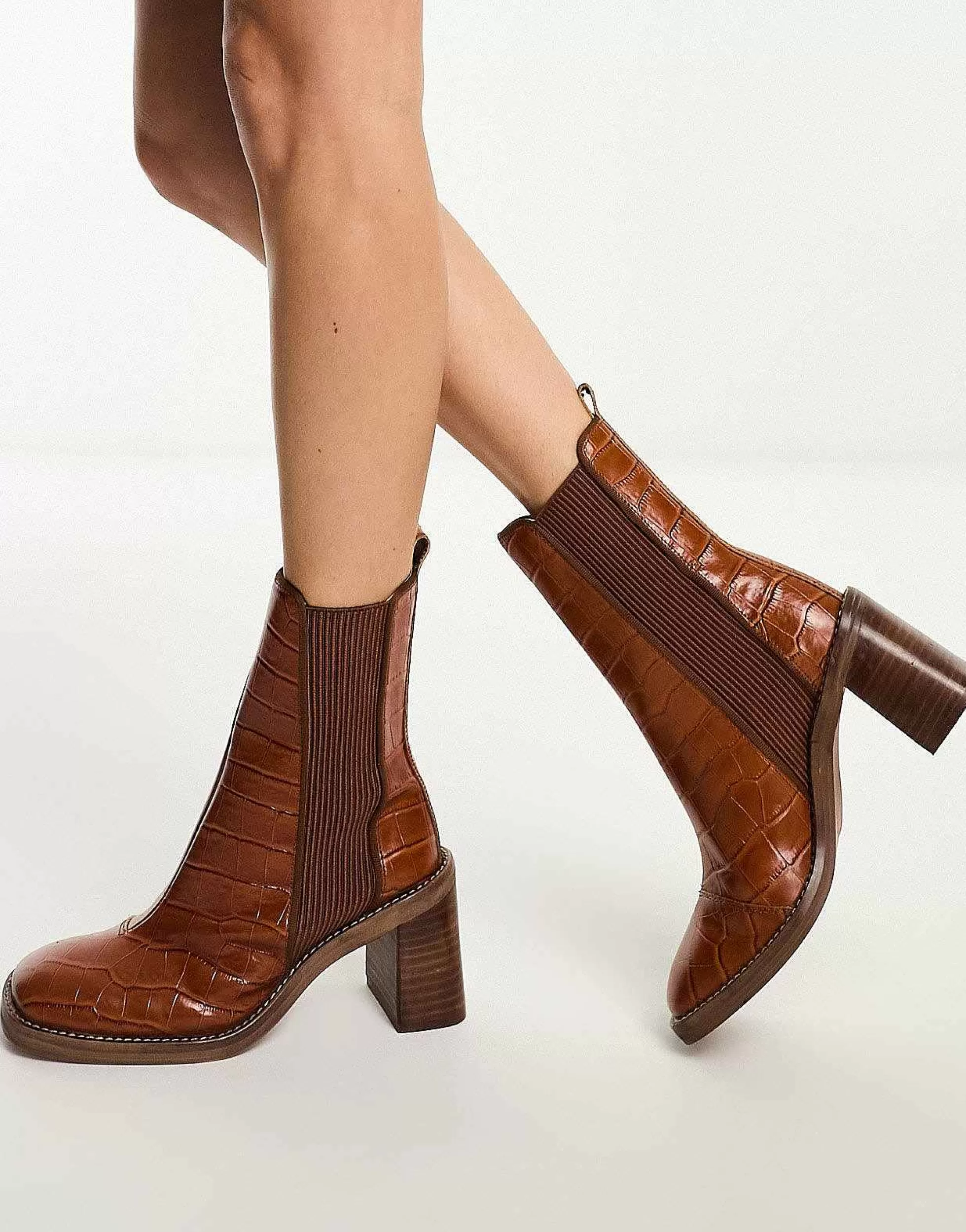 Women DESIGN Ratings Leather Chelsea Boots In Tan Croc