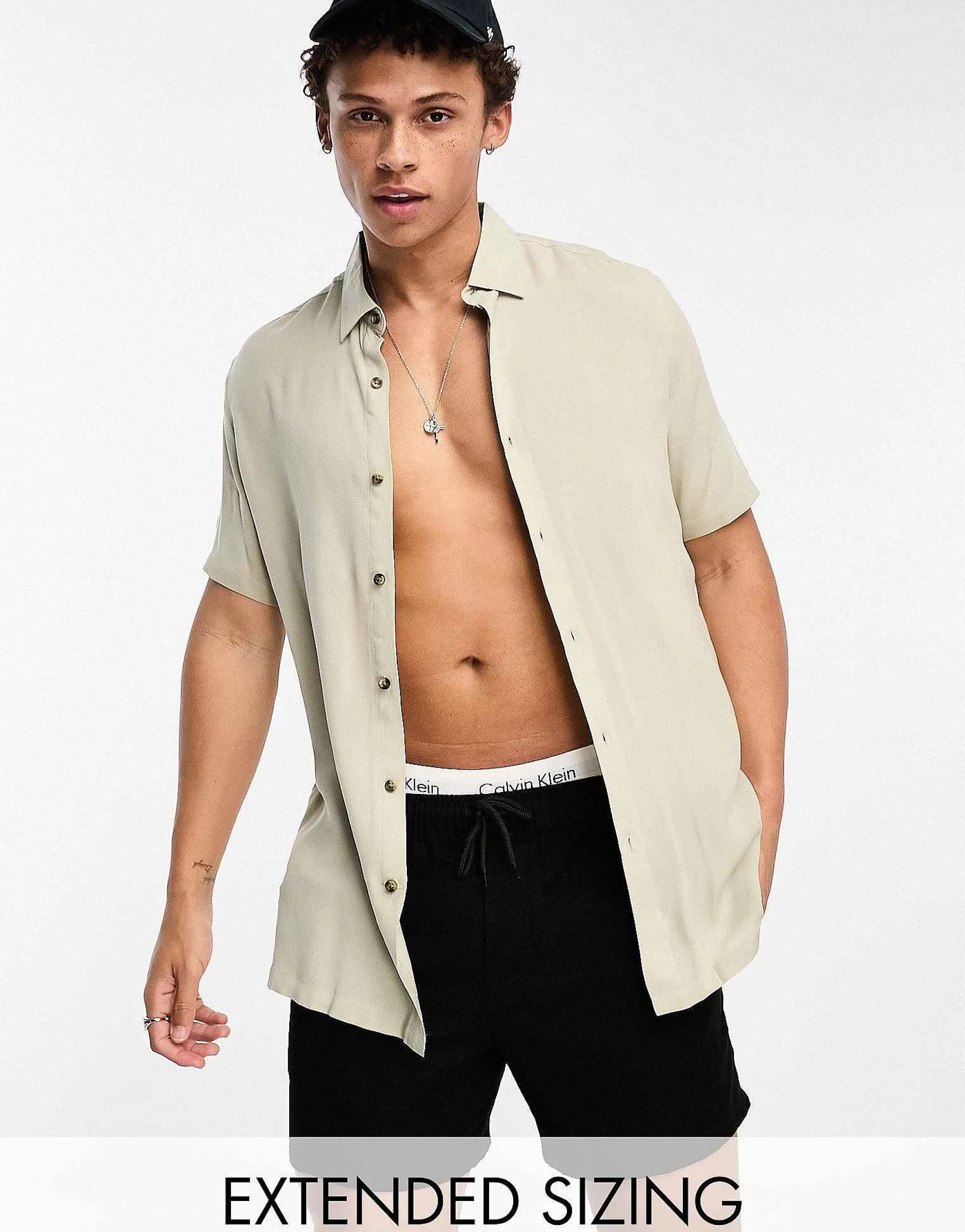 Men DESIGN Regular Fit Viscose Shirt In Olive Green