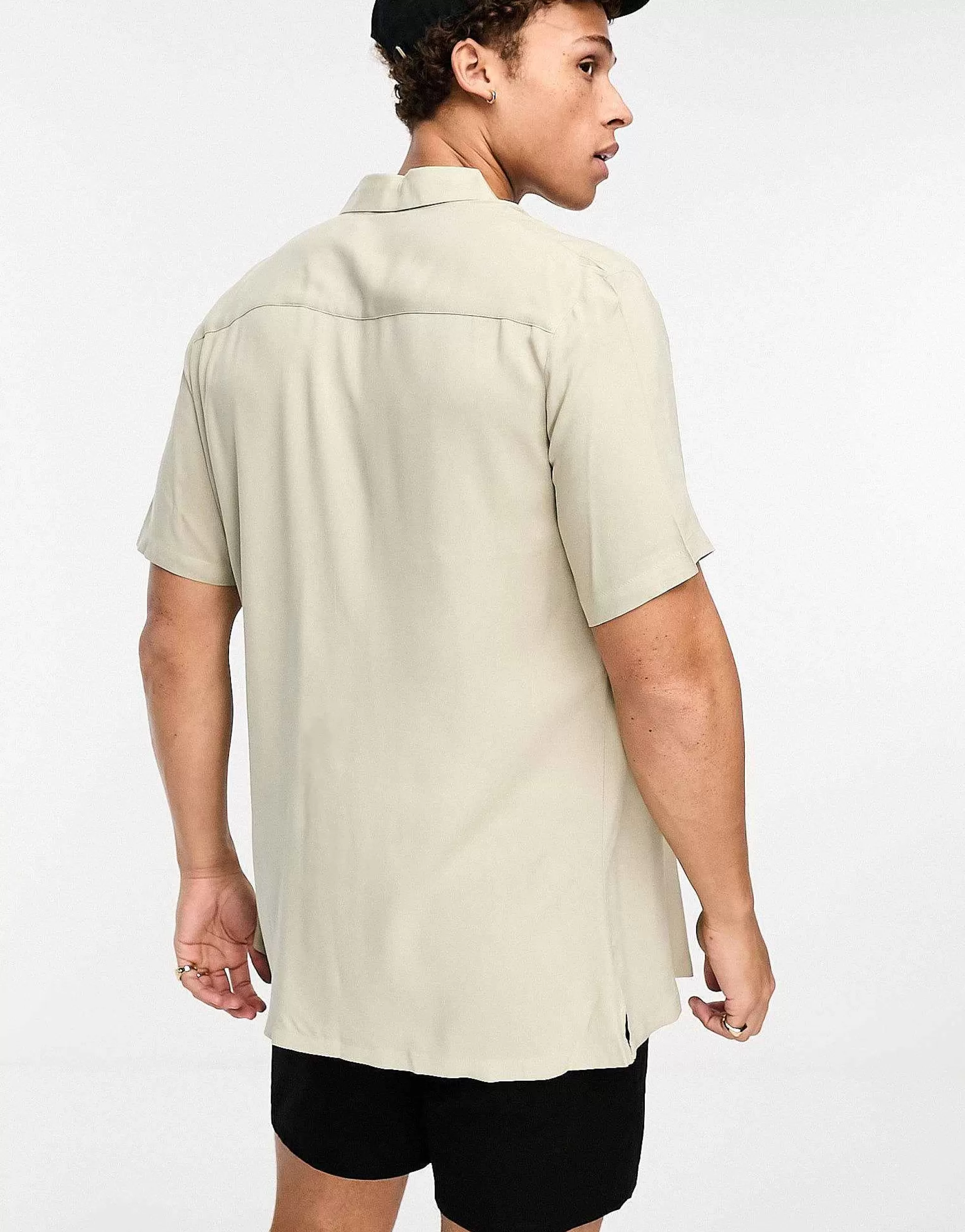 Men DESIGN Regular Fit Viscose Shirt In Olive Green