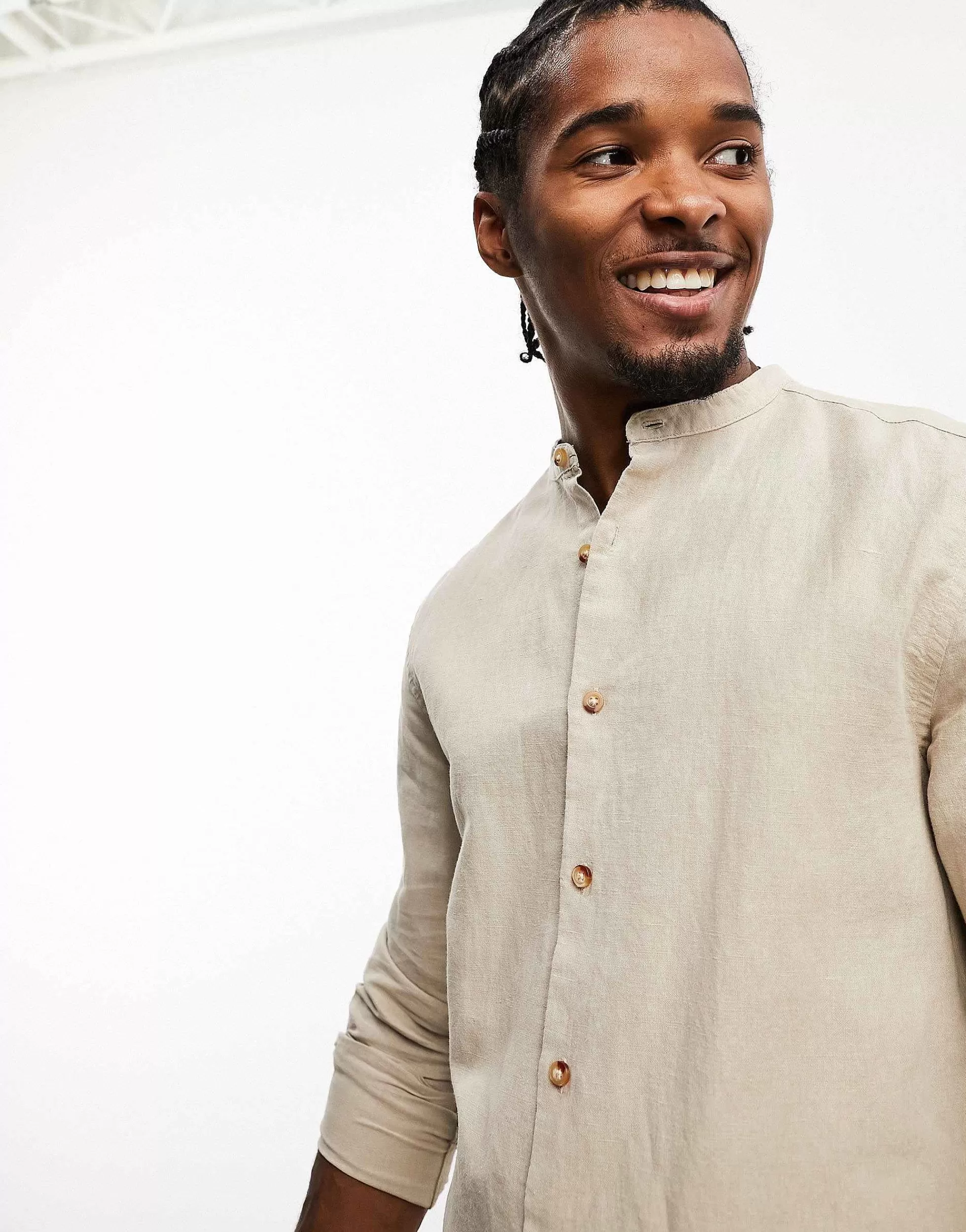 Men DESIGN Regular Shirt In Linen With Grandad Collar In