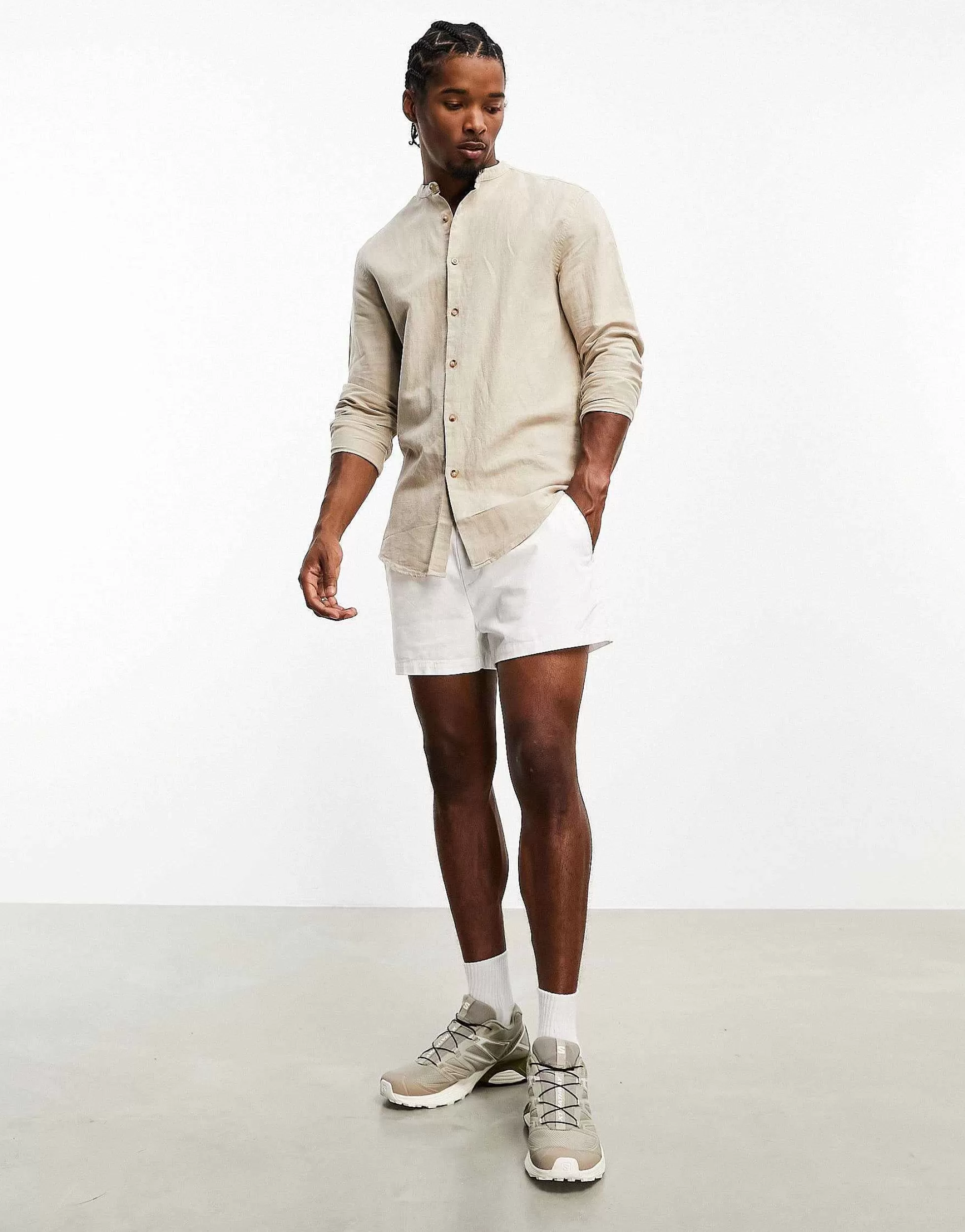 Men DESIGN Regular Shirt In Linen With Grandad Collar In
