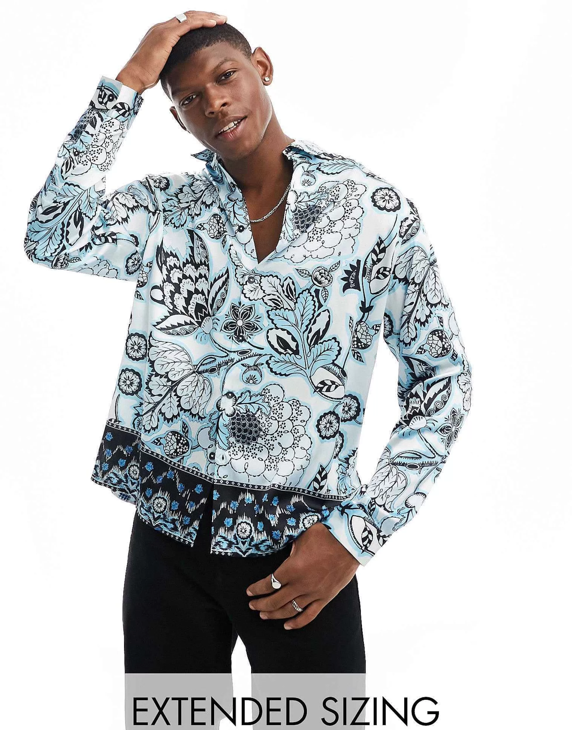 Men DESIGN Relaxed Satin Shirt In Floral Border Print
