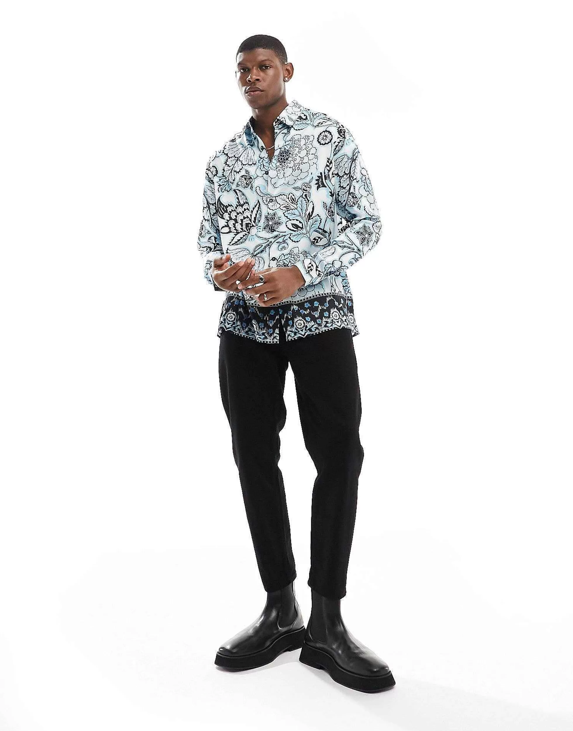 Men DESIGN Relaxed Satin Shirt In Floral Border Print