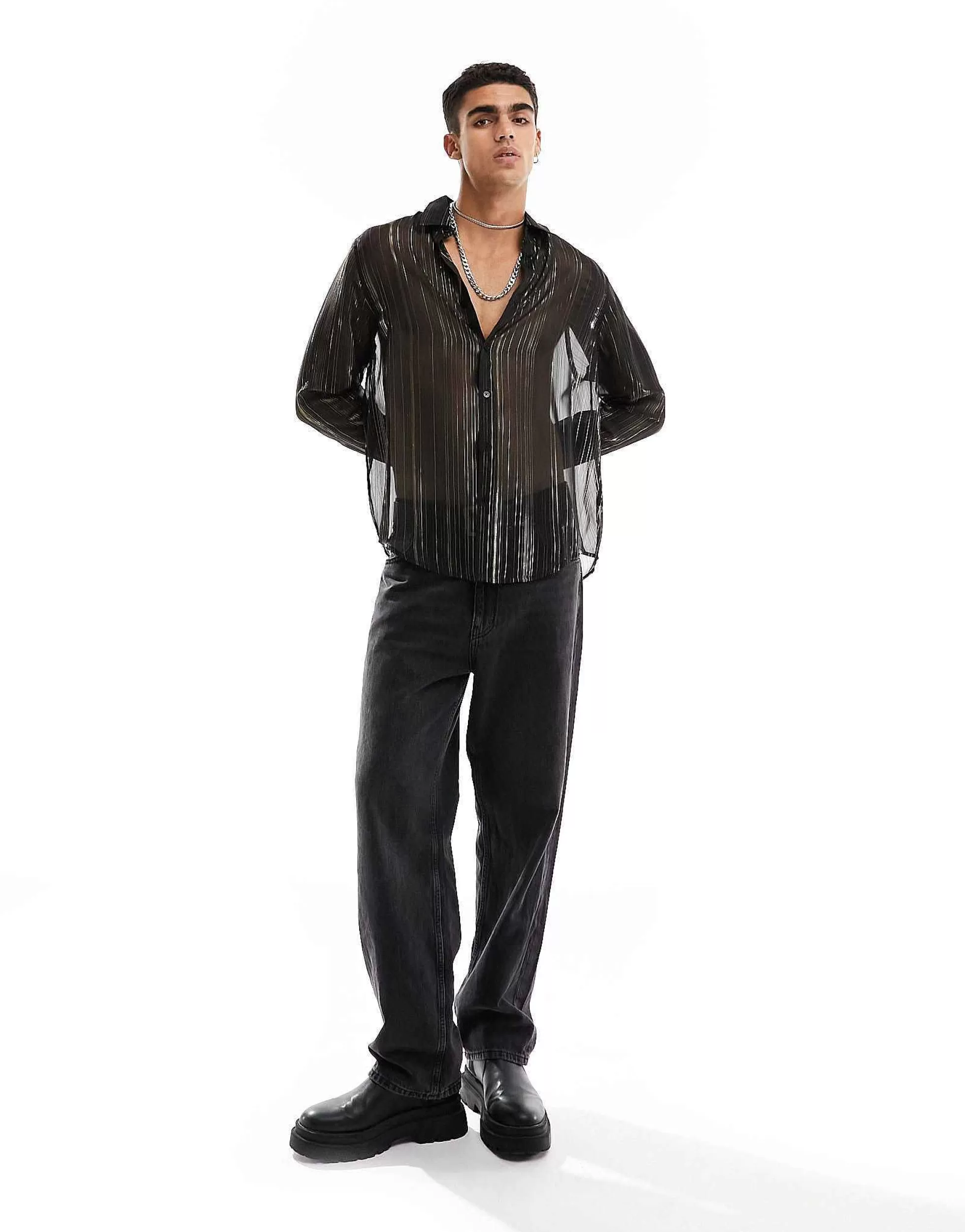 Men DESIGN Relaxed Sheer Shirt In And Gold Stripe