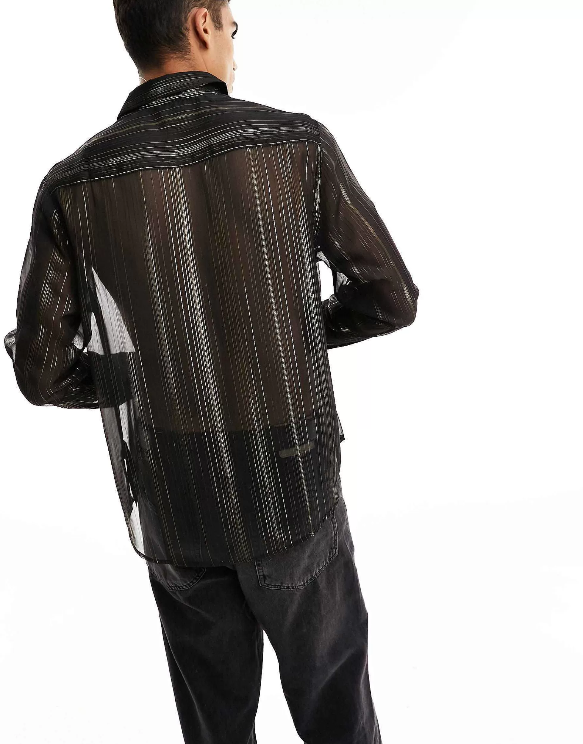 Men DESIGN Relaxed Sheer Shirt In And Gold Stripe