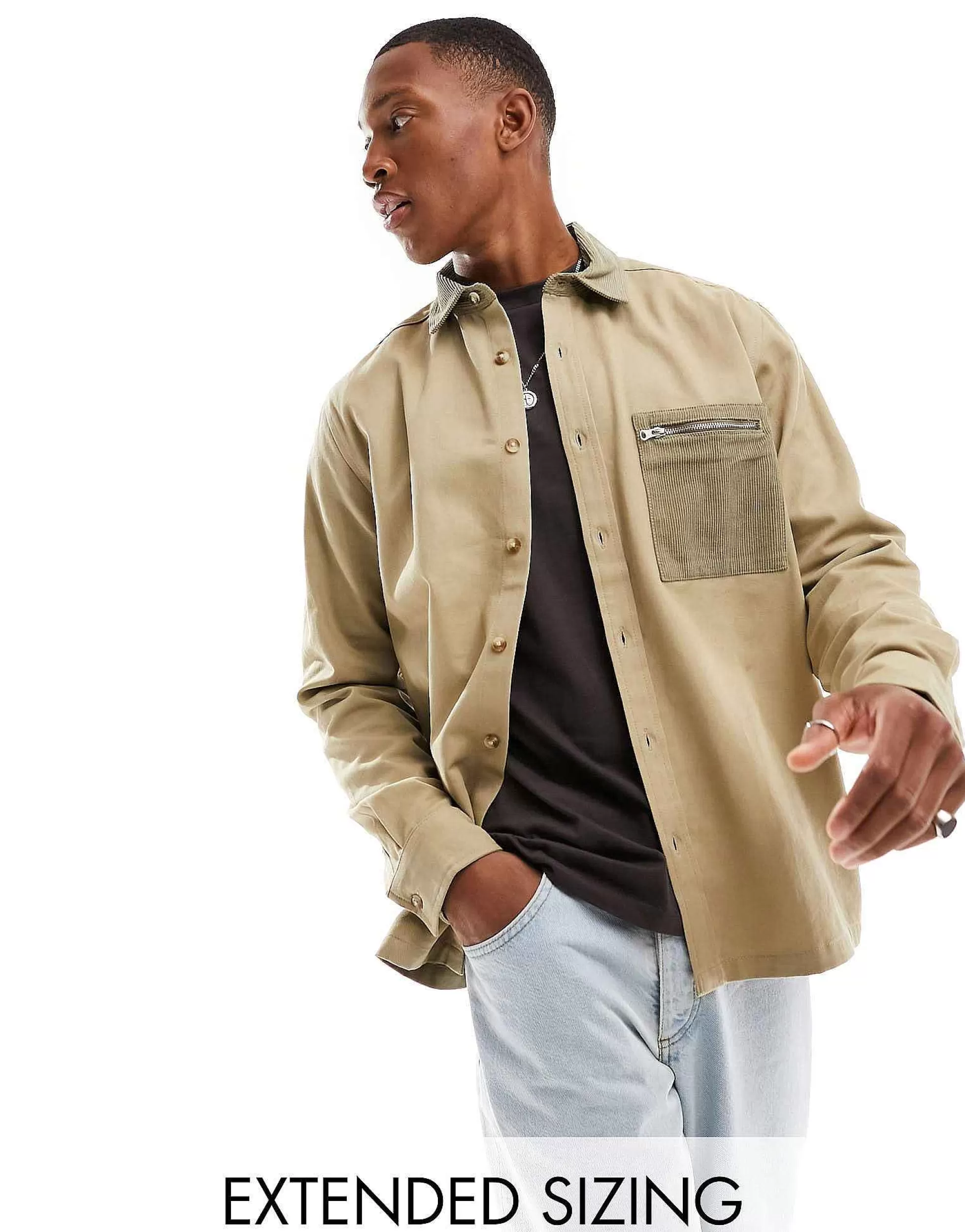 Men DESIGN Relaxed Shirt With Contrast Cord Collar And Pocket In