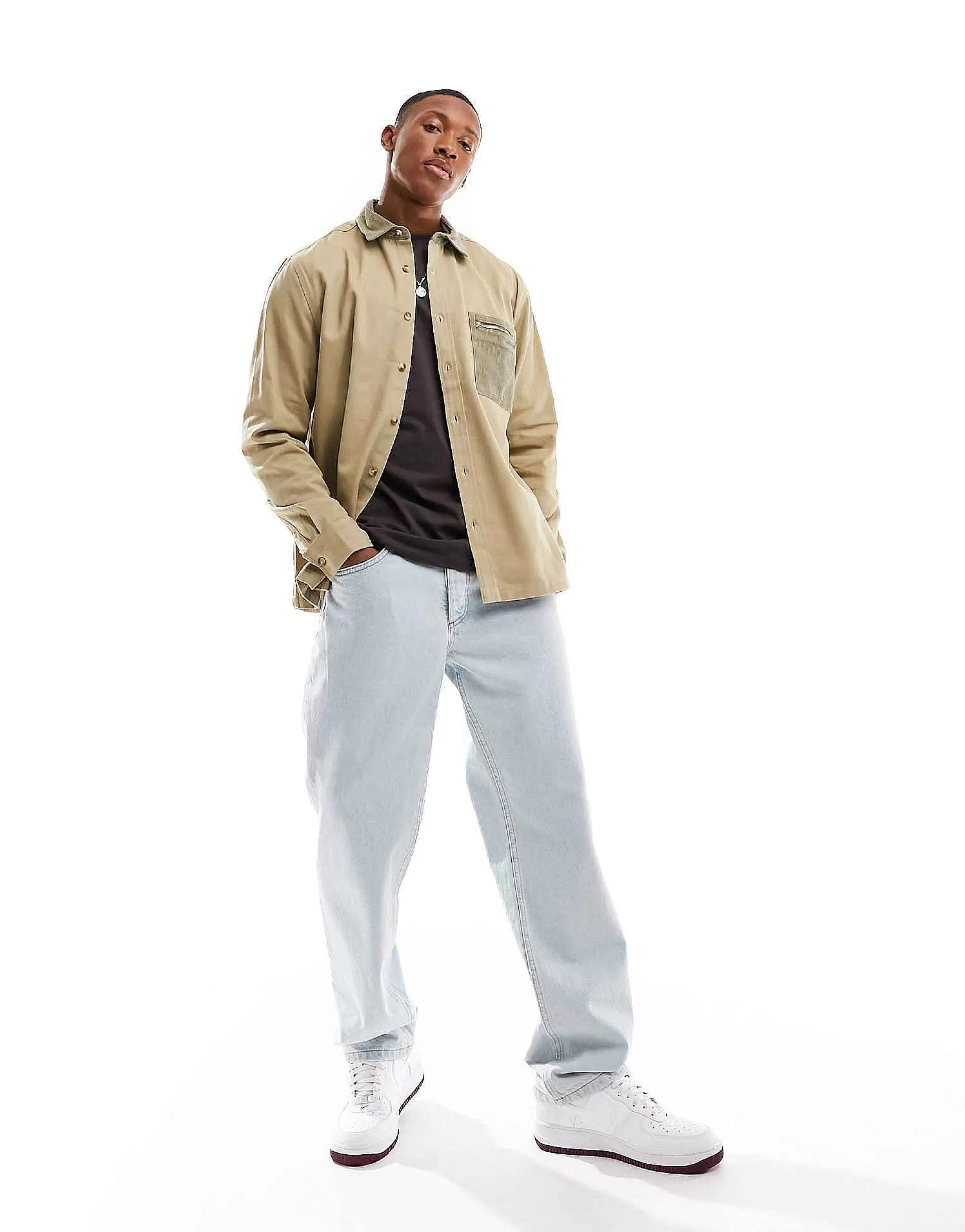 Men DESIGN Relaxed Shirt With Contrast Cord Collar And Pocket In